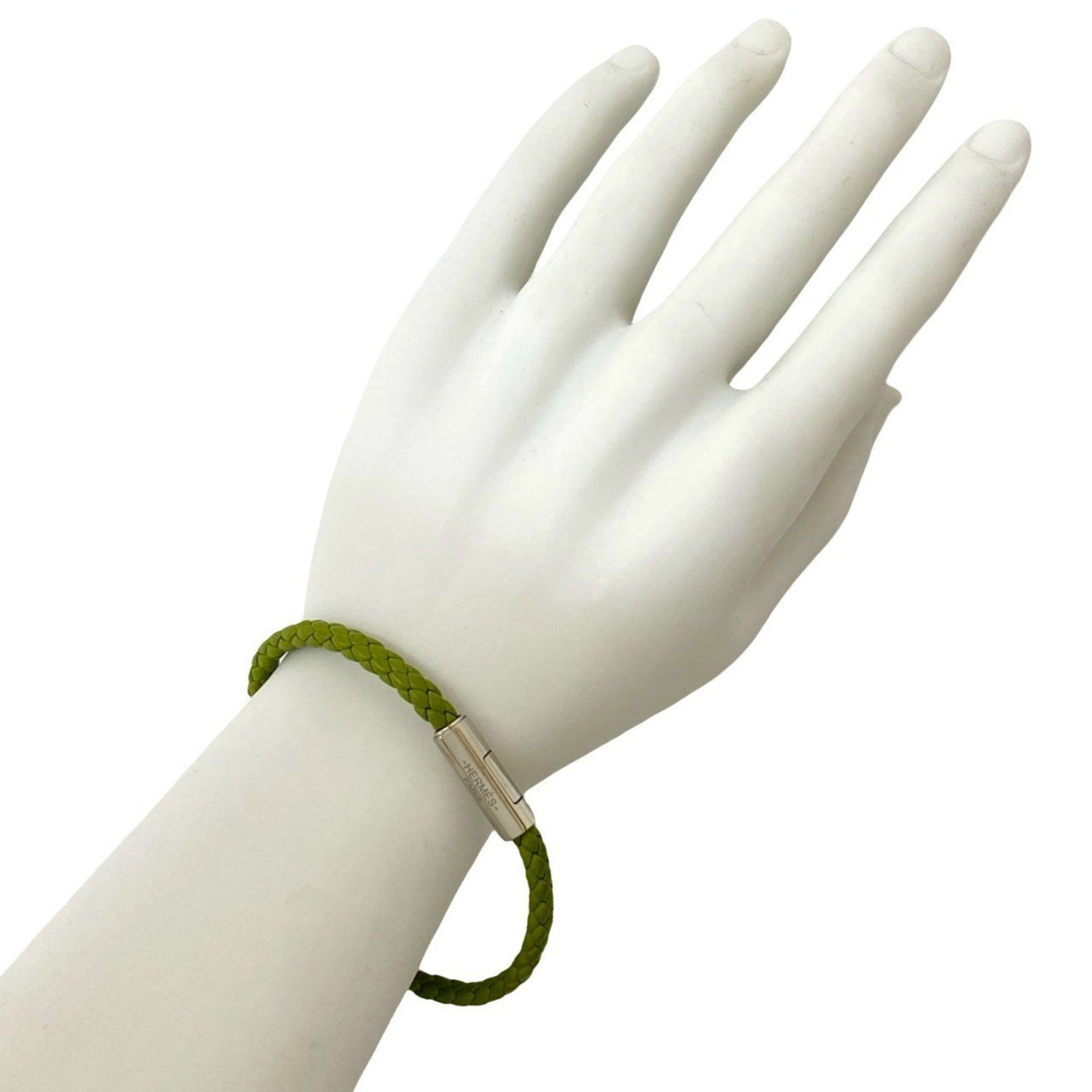 Hermes HERMES Goliath Braided Leather Bracelet/Bangle in Light Green and Silver (99739) Size ONE SIZE - 2 Thumbnail
