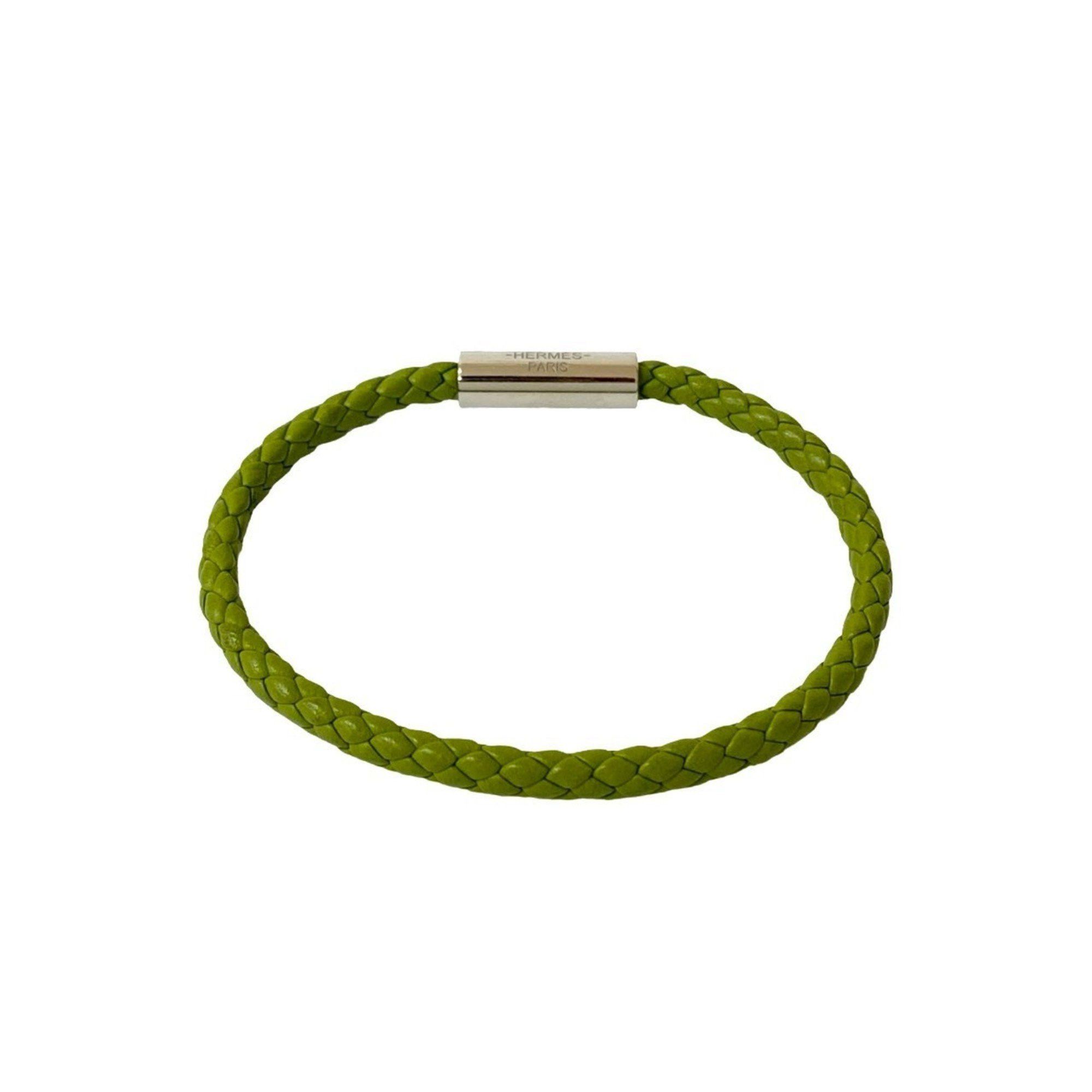 Hermes HERMES Goliath Braided Leather Bracelet/Bangle in Light Green and Silver (99739) Size ONE SIZE - 4 Thumbnail