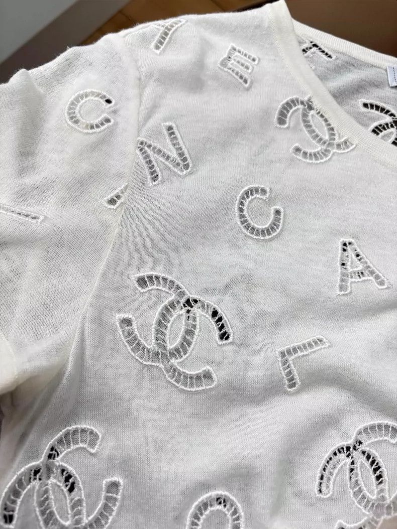 Chanel Chanel 20 Early Spring White Letter Logo Double C Hollow Short-Sleeve T-Shirt - dmc Size US XS / EU 42 / 0 - 6 Thumbnail
