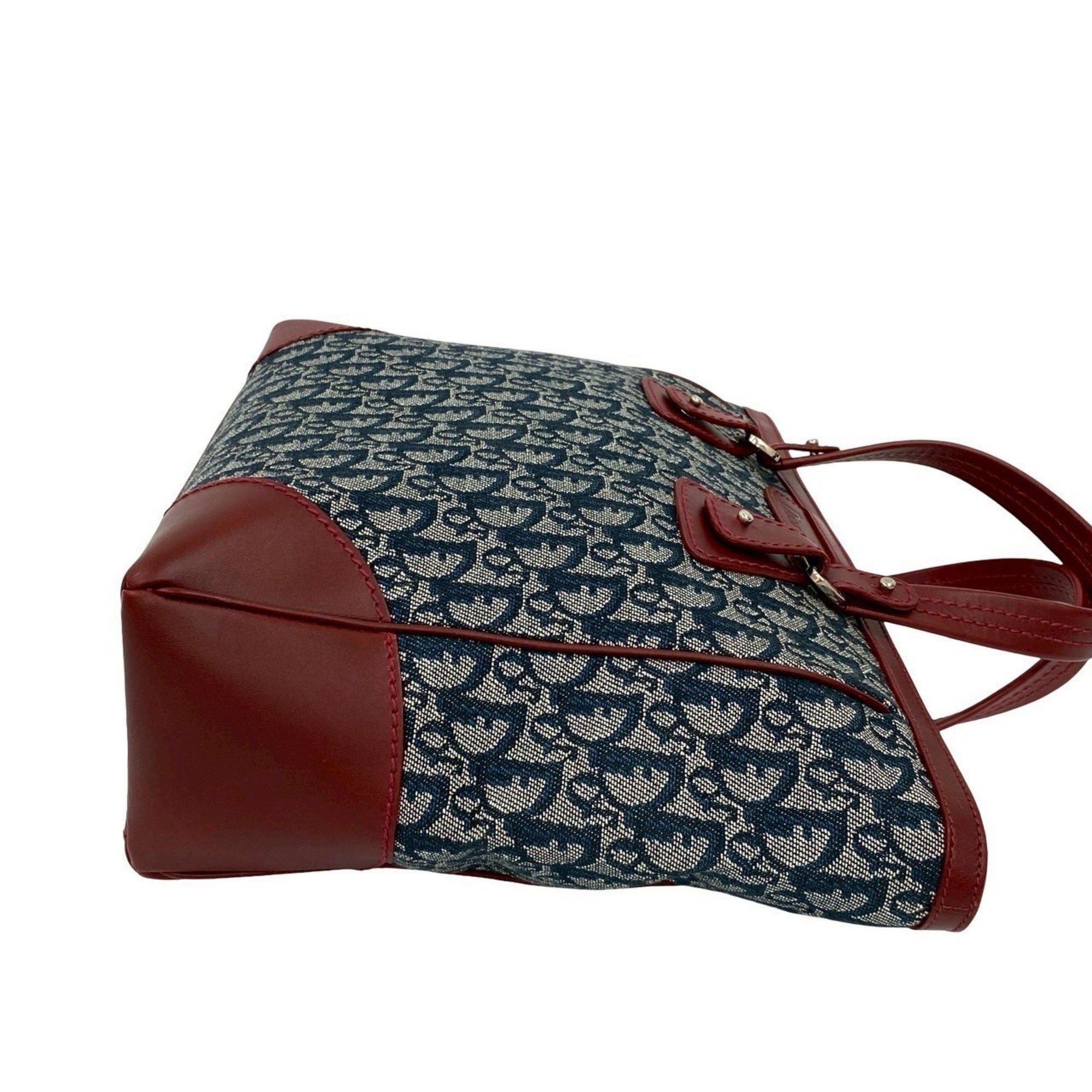 Dior Christian Dior Logo Trotter Pattern Canvas Leather Handbag Tote Bag in Bordeaux and Navy (Product Code: 27347) Size ONE SIZE - 5 Thumbnail