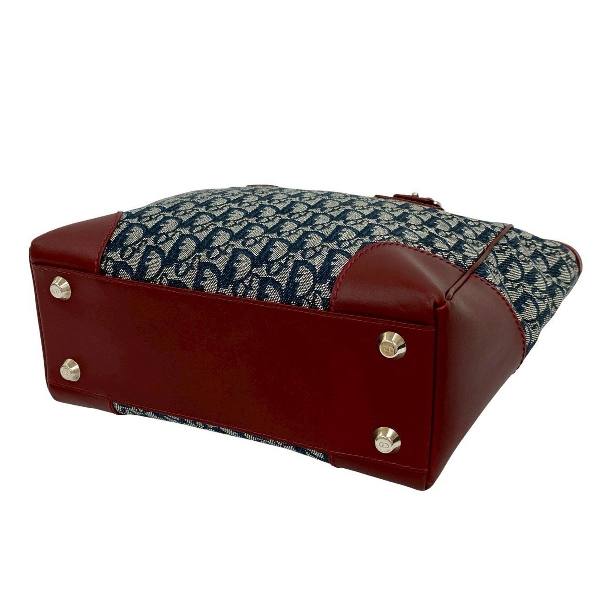 Dior Christian Dior Logo Trotter Pattern Canvas Leather Handbag Tote Bag in Bordeaux and Navy (Product Code: 27347) Size ONE SIZE - 7 Thumbnail