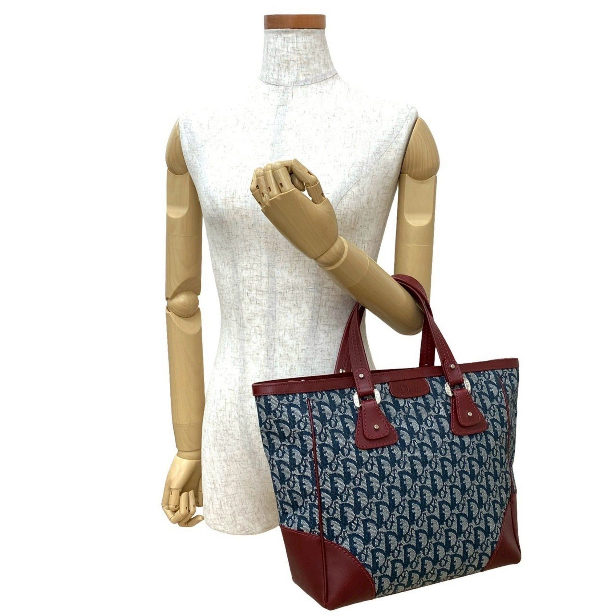Dior Christian Dior Logo Trotter Pattern Canvas Leather Handbag Tote Bag in Bordeaux and Navy (Product Code: 27347) Size ONE SIZE - 2 Thumbnail