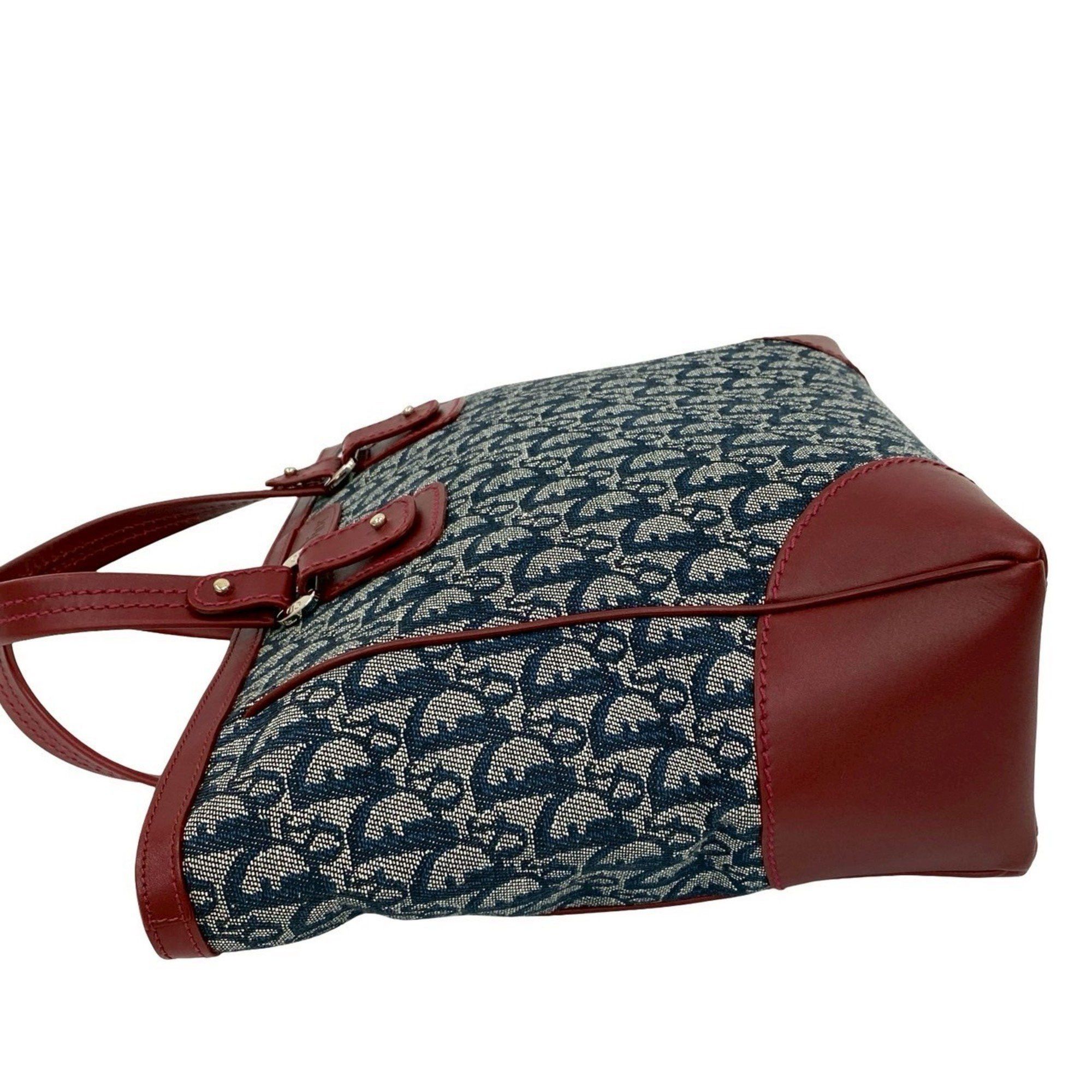 Dior Christian Dior Logo Trotter Pattern Canvas Leather Handbag Tote Bag in Bordeaux and Navy (Product Code: 27347) Size ONE SIZE - 4 Thumbnail