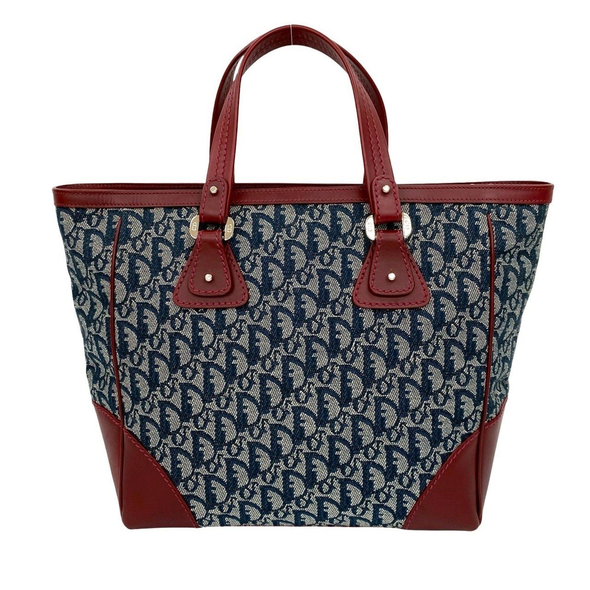 Dior Christian Dior Logo Trotter Pattern Canvas Leather Handbag Tote Bag in Bordeaux and Navy (Product Code: 27347) Size ONE SIZE - 3 Thumbnail