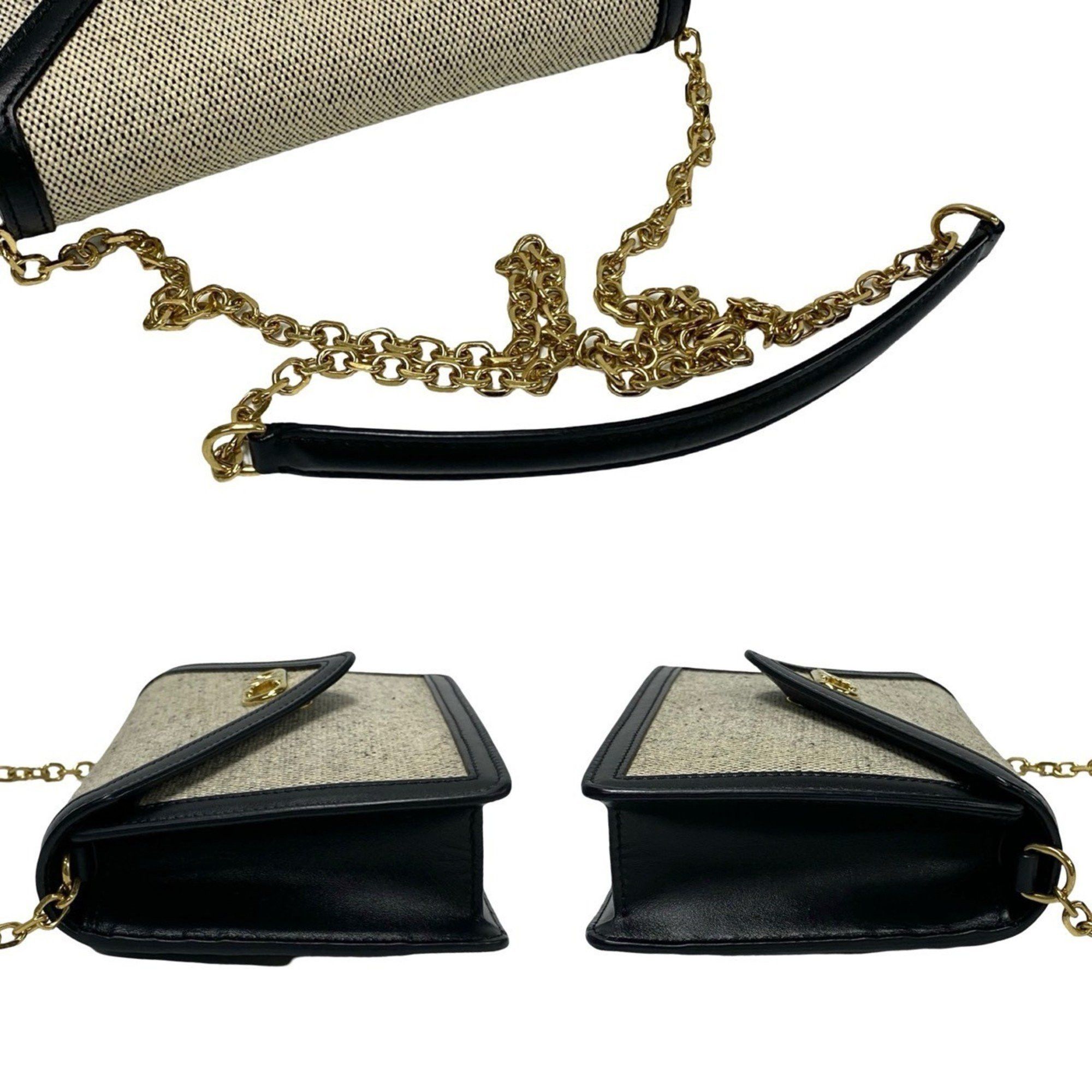 CELINE Triomphe Chain Shoulder Bag in Canvas and Leather, Mini Pochette, Black Ivory, 37007