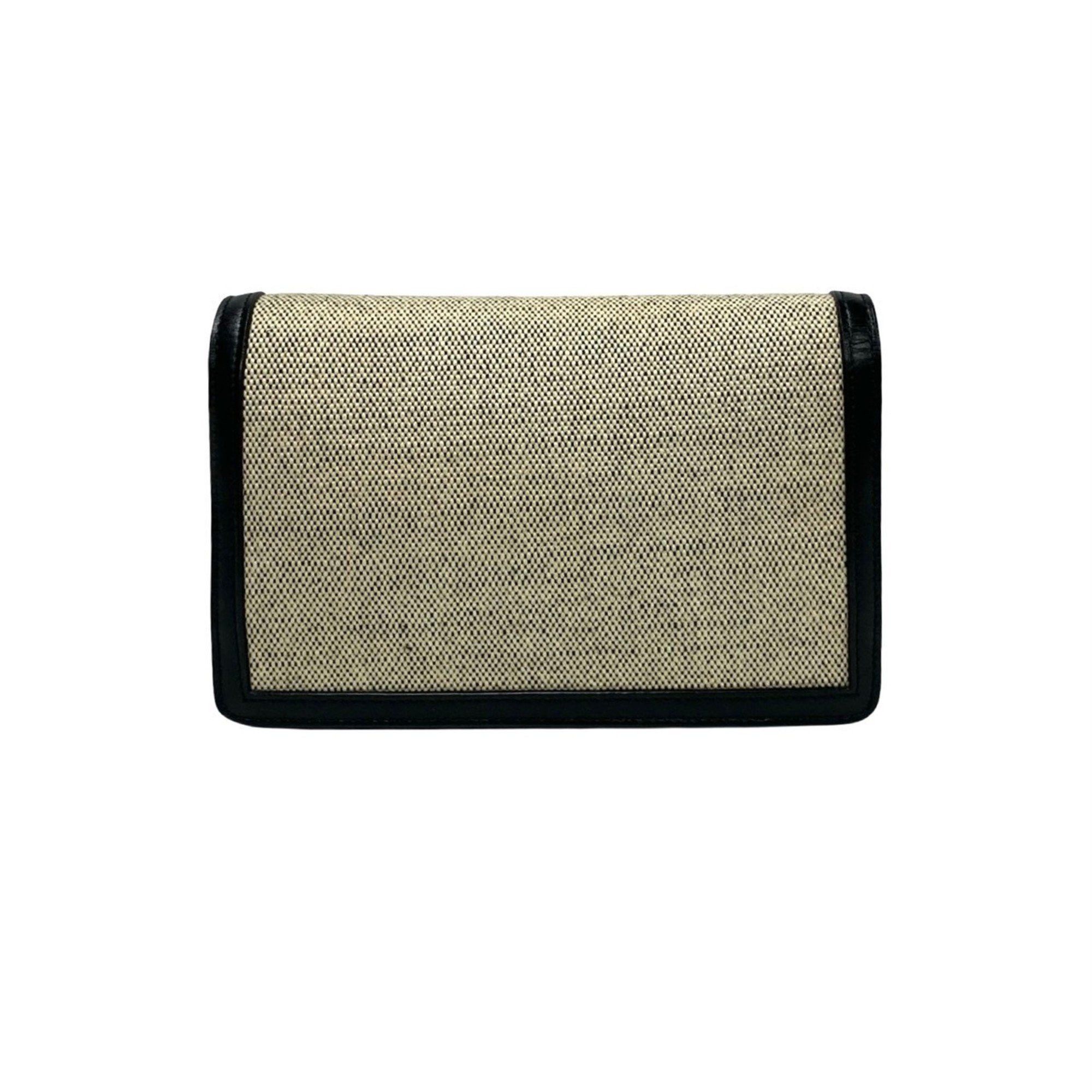 CELINE Triomphe Chain Shoulder Bag in Canvas and Leather, Mini Pochette, Black Ivory, 37007
