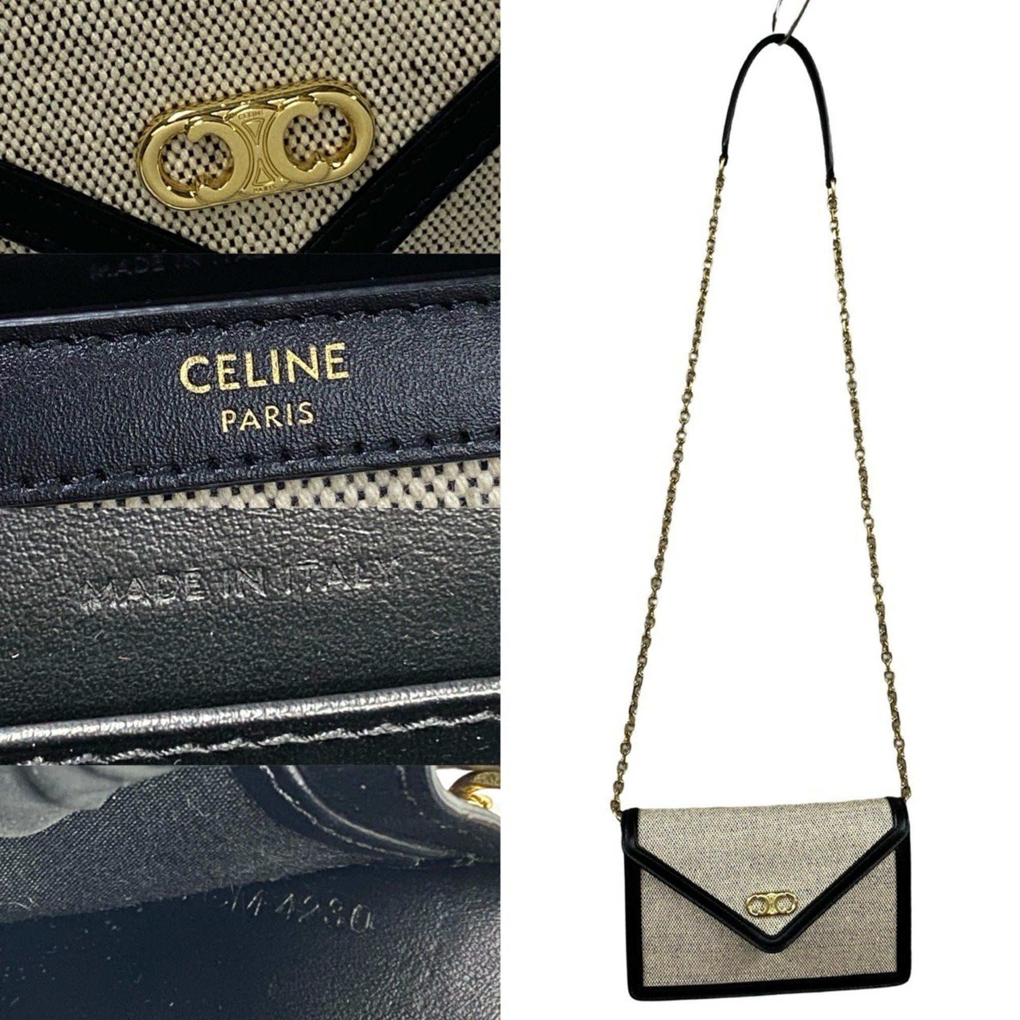 CELINE Triomphe Chain Shoulder Bag in Canvas and Leather, Mini Pochette, Black Ivory, 37007