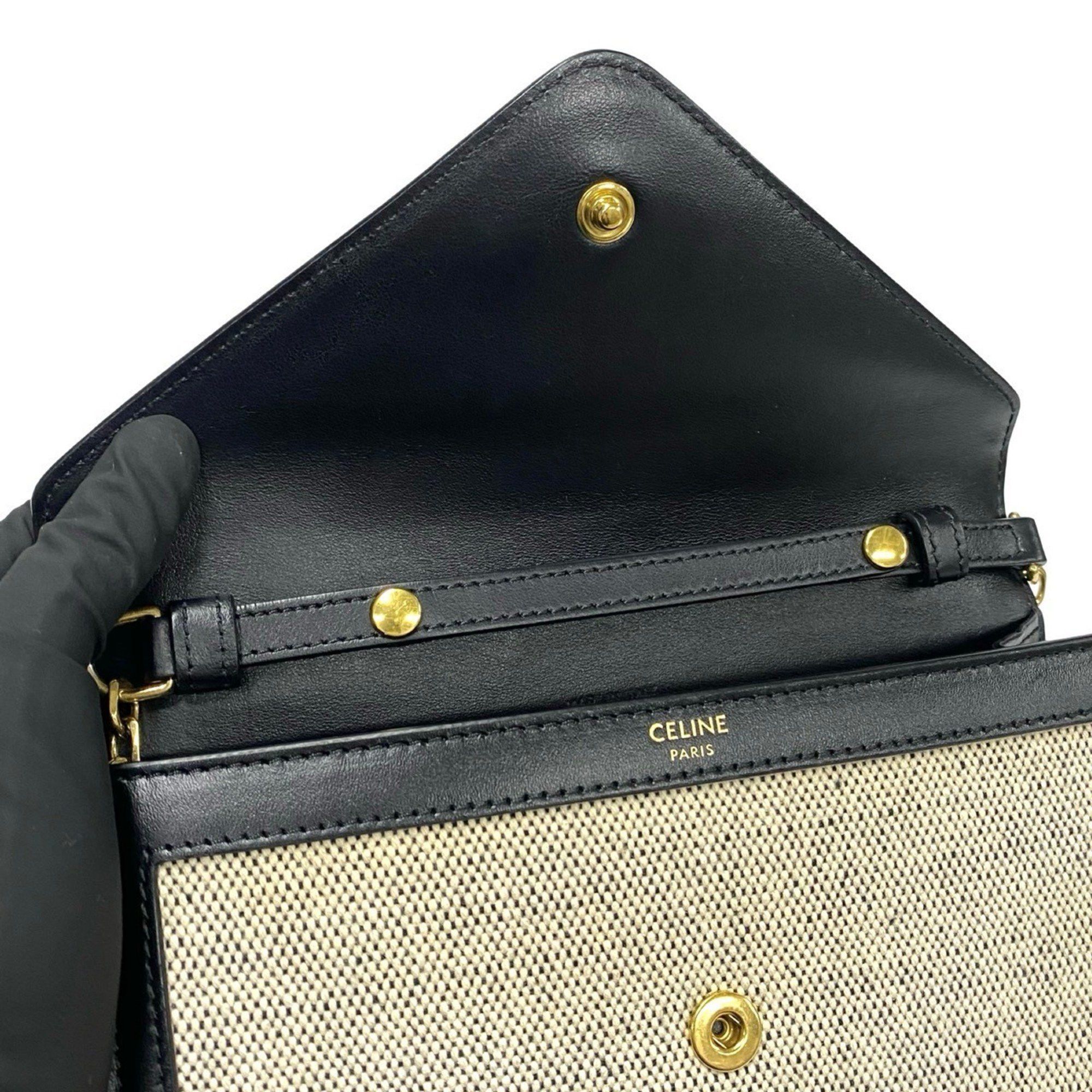 CELINE Triomphe Chain Shoulder Bag in Canvas and Leather, Mini Pochette, Black Ivory, 37007