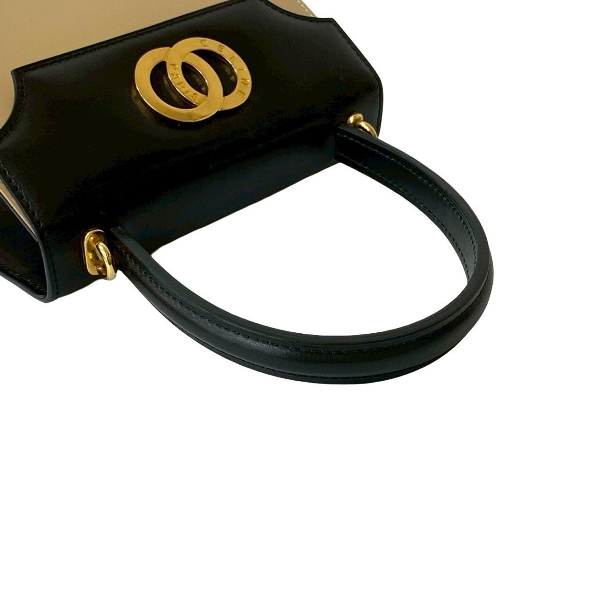 Celine CELINE Circle Logo Hardware Calfskin Leather 2-Way Handbag/Shoulder Bag Black/Beige 32523 Size ONE SIZE - 4 Thumbnail