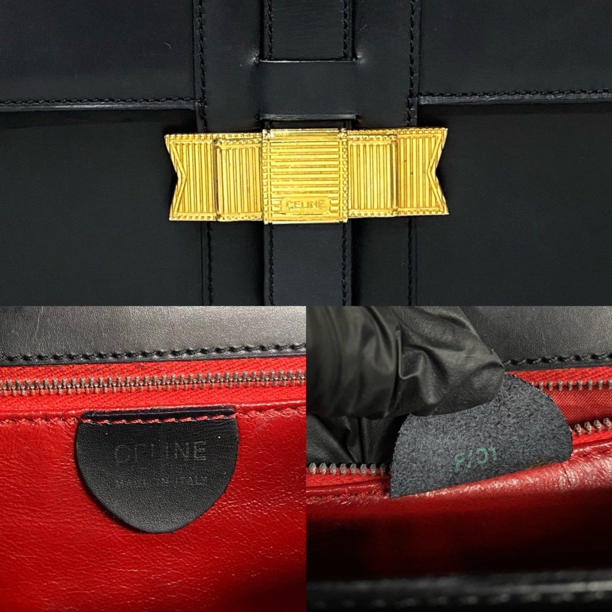 Celine CELINE Logo Ribbon Motif Hardware Calfskin Leather Handbag Tote Bag Black 53074 Size ONE SIZE - 3 Thumbnail