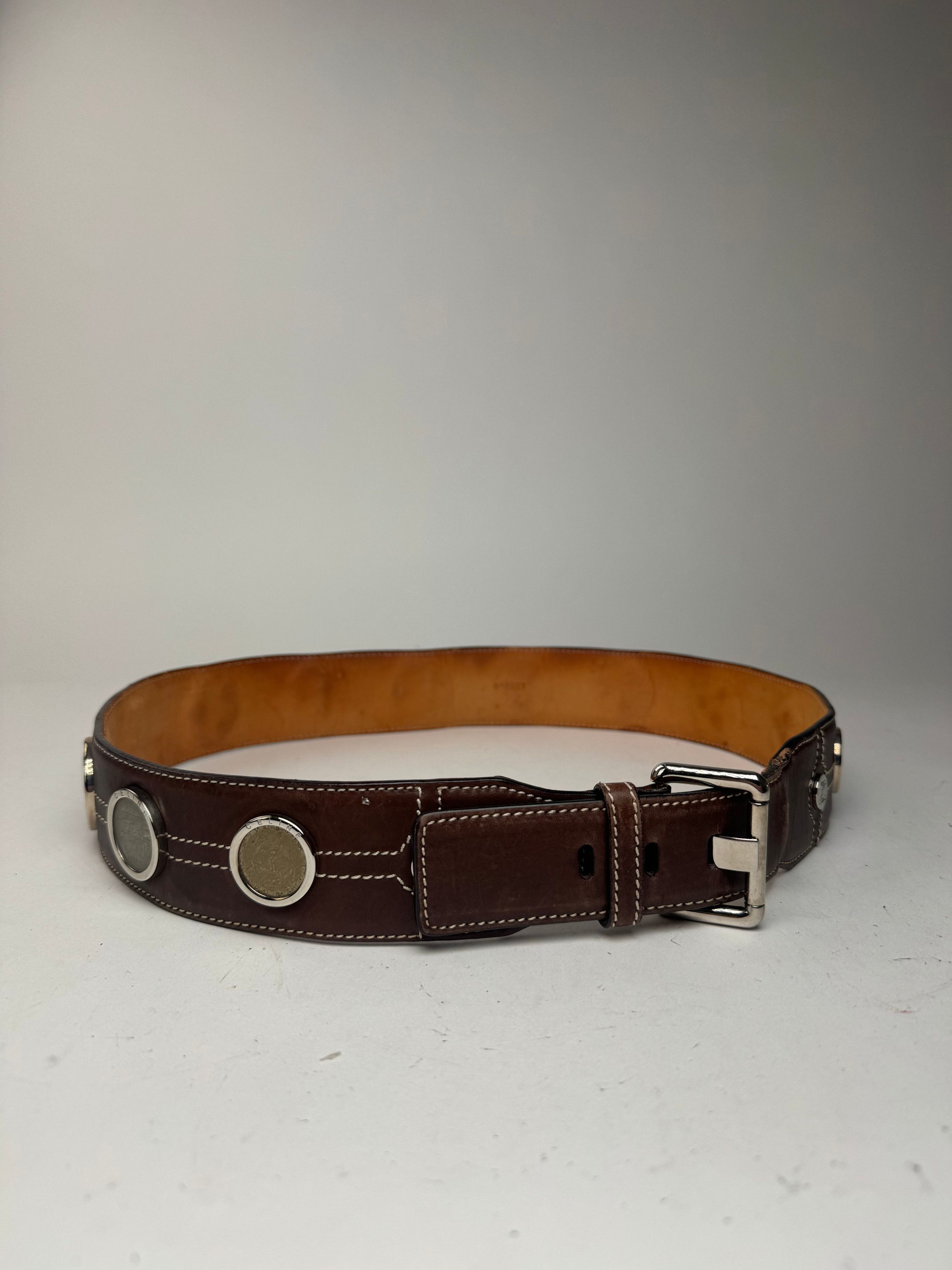 Celine Vintage Paris Metal / Leather coin application belt brown Size ONE SIZE - 2 Thumbnail