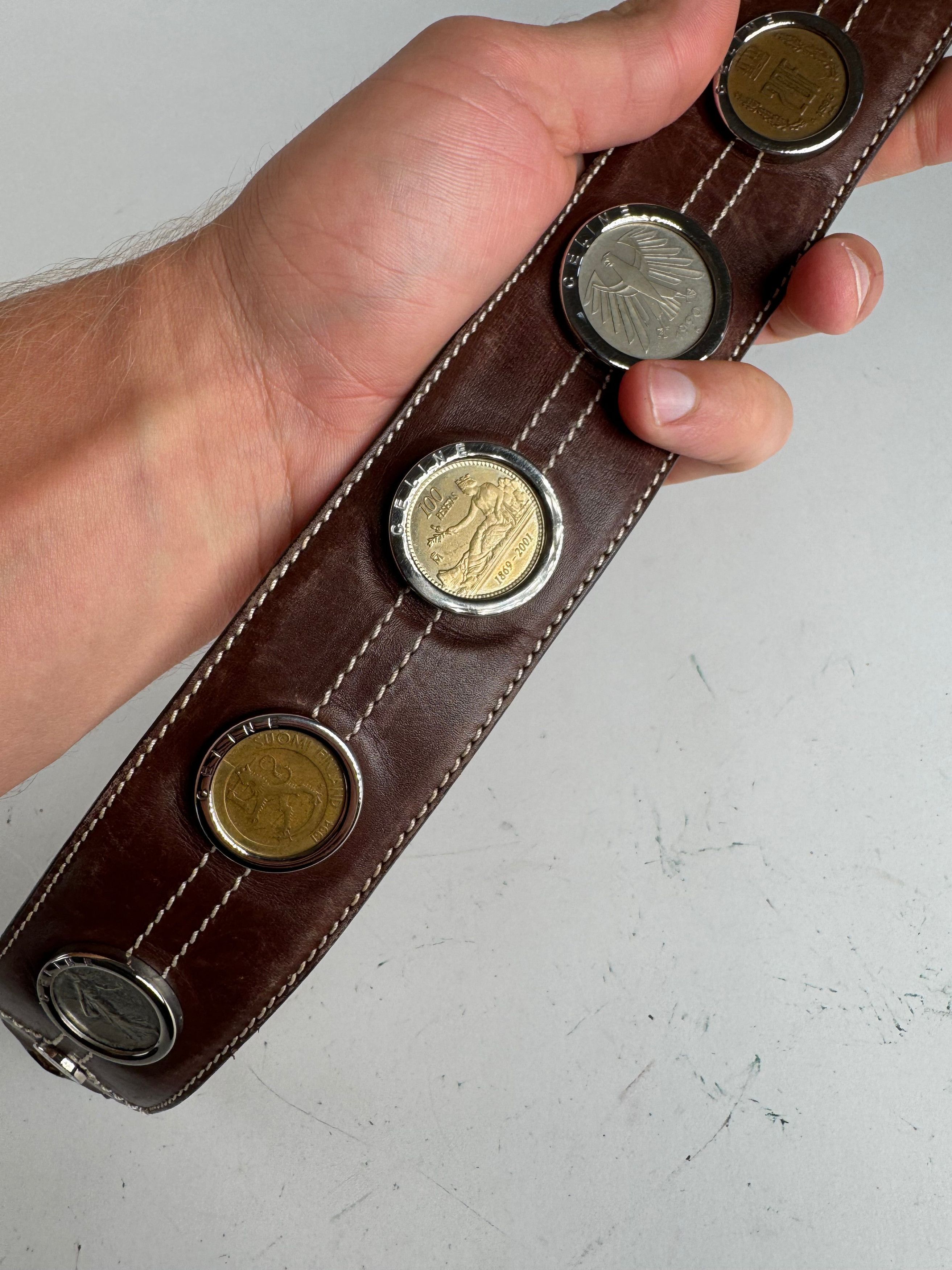 Celine Vintage Paris Metal / Leather coin application belt brown Size ONE SIZE - 3 Thumbnail