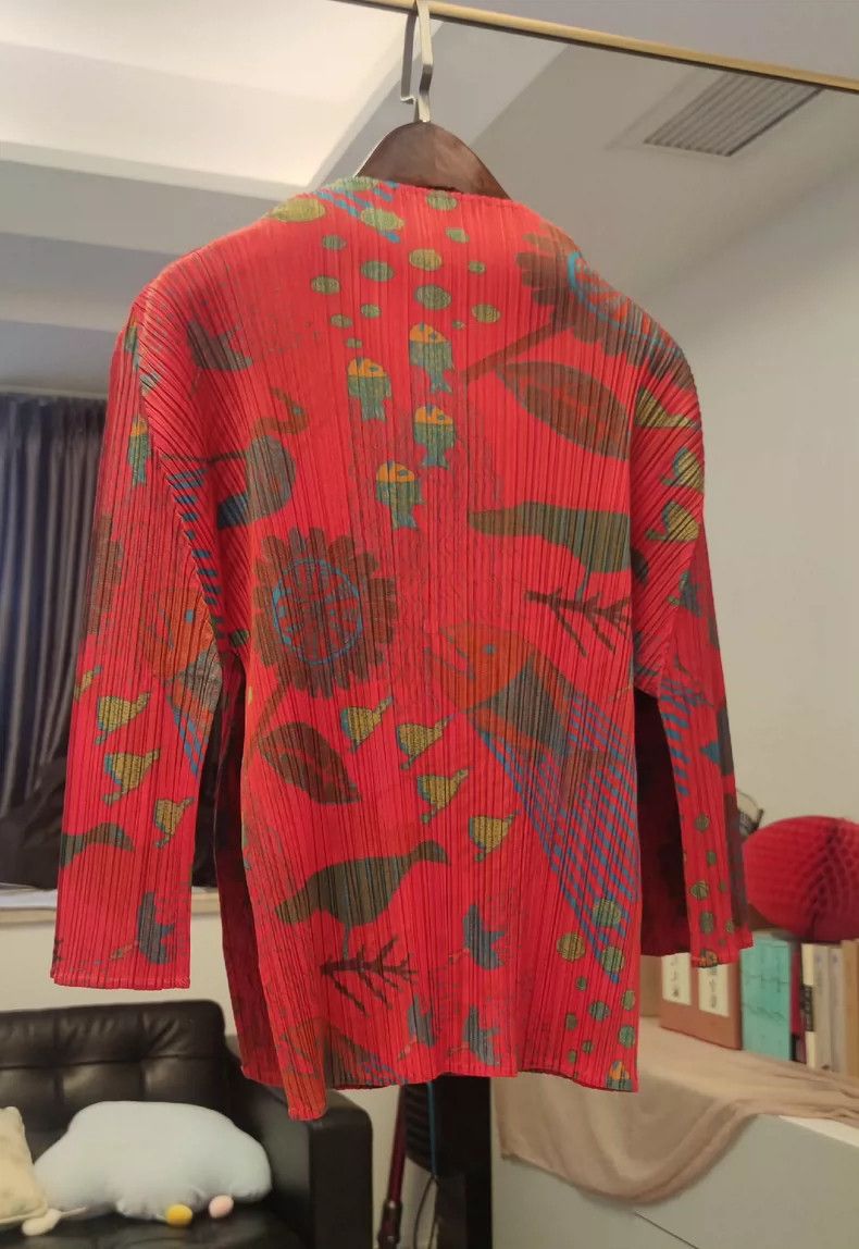 Issey Miyake Red Vintage Pleated Mandarin Collar Top - dmc Size US M / EU 48-50 / 2 - 7 Thumbnail
