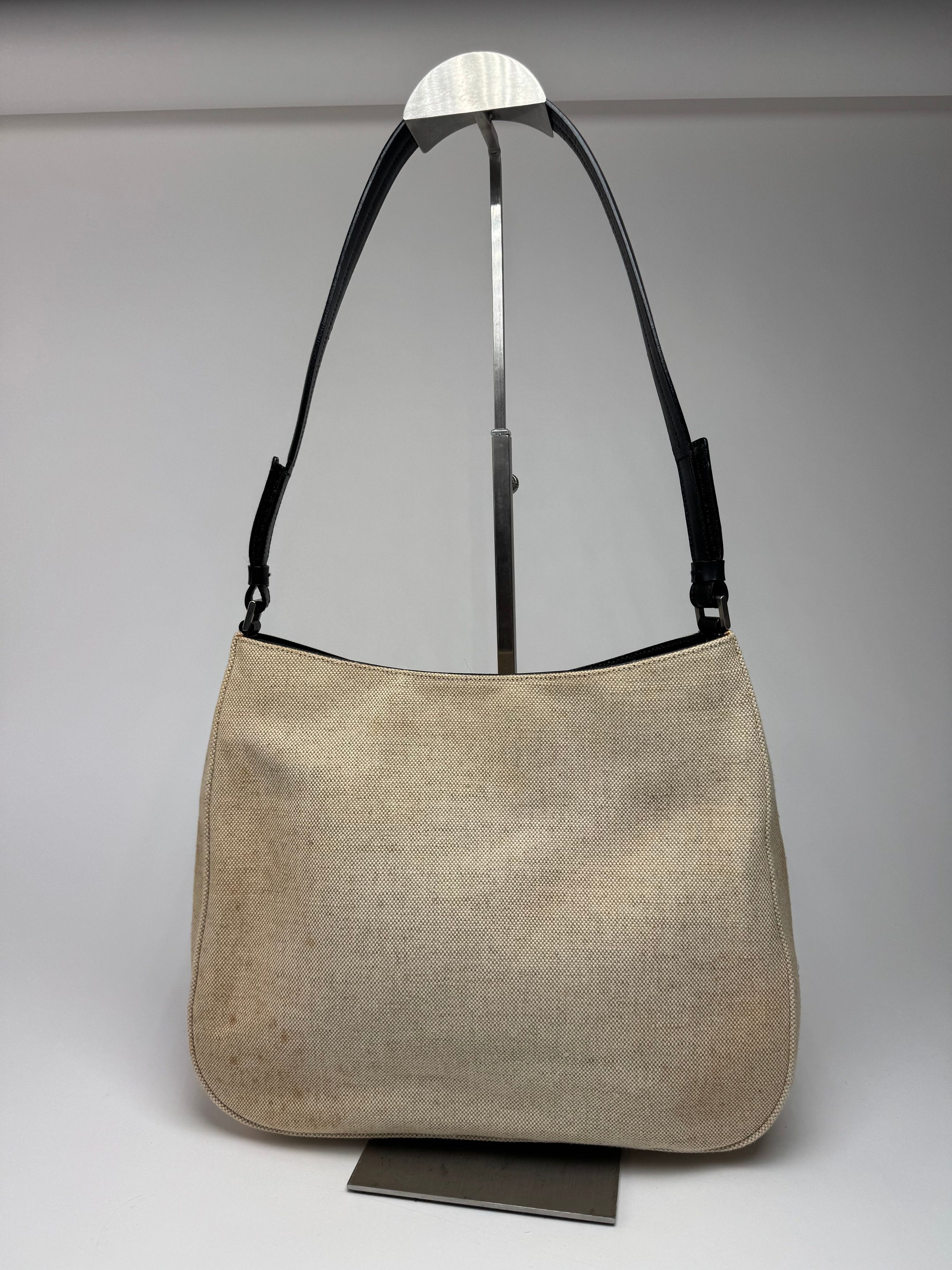 Prada Vintage Cleo Canvas Leather Bag Beige Black Size ONE SIZE - 13 Thumbnail