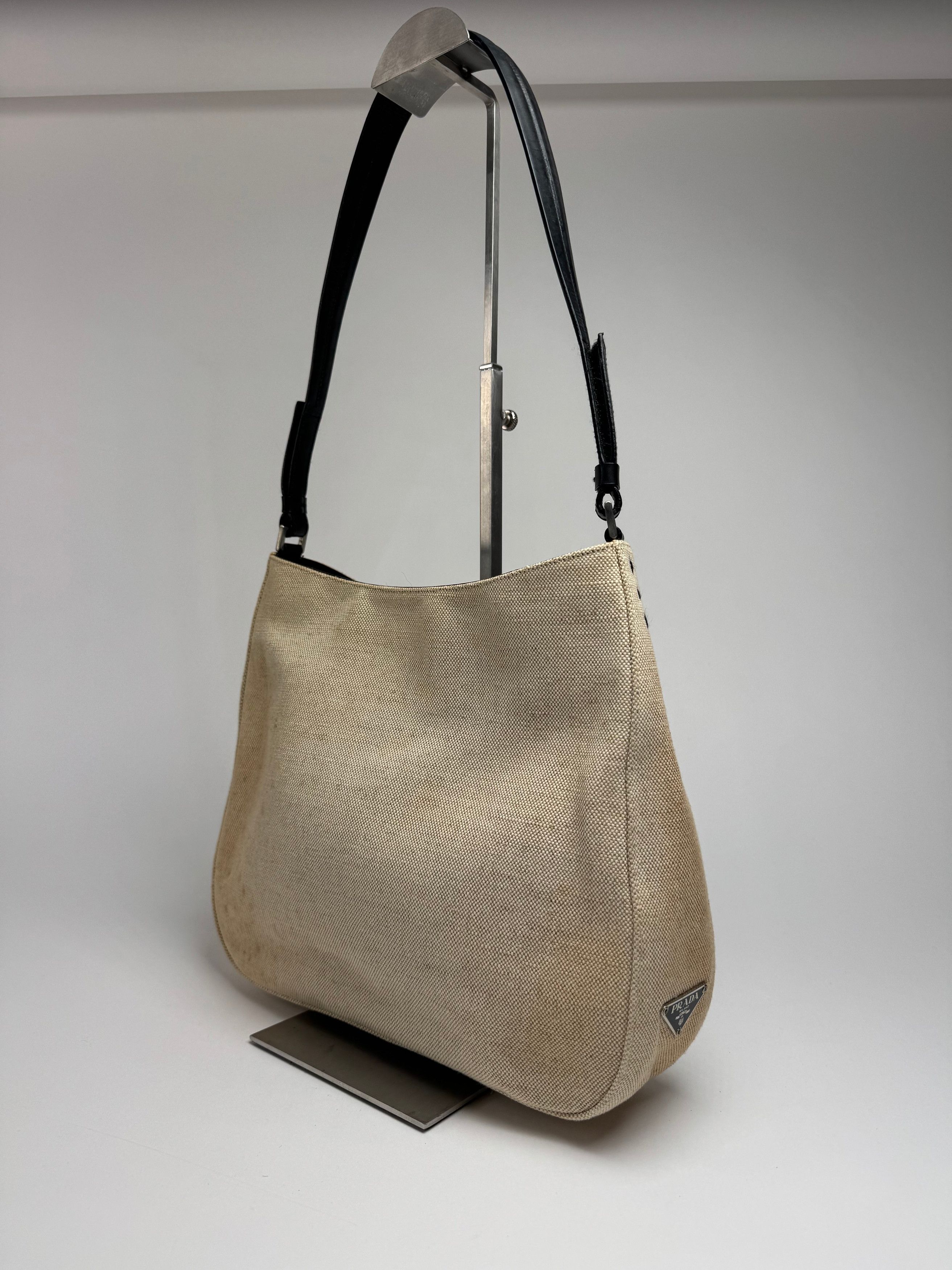 Prada Vintage Cleo Canvas Leather Bag Beige Black Size ONE SIZE - 12 Thumbnail