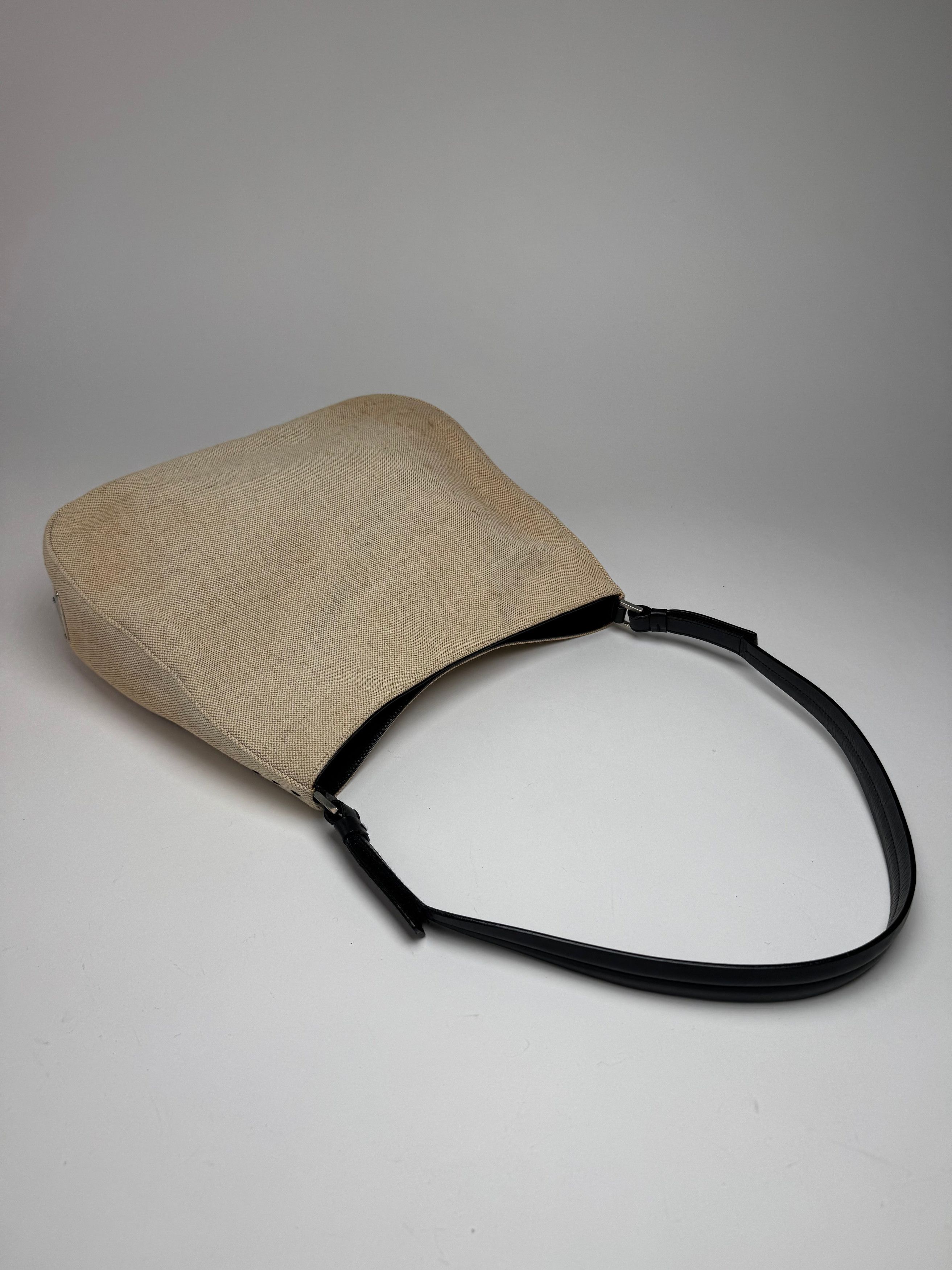 Prada Vintage Cleo Canvas Leather Bag Beige Black Size ONE SIZE - 7 Thumbnail