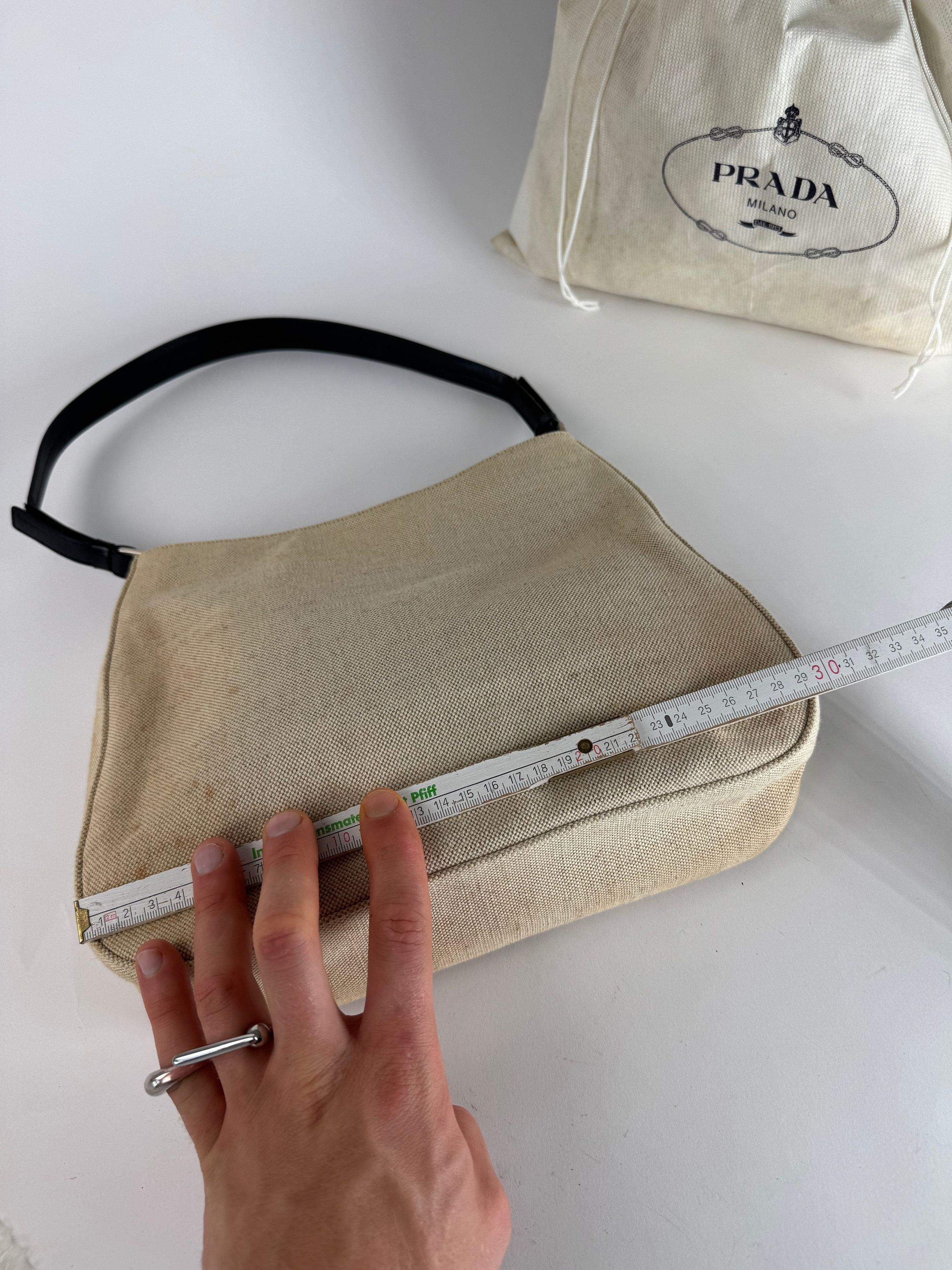 Prada Vintage Cleo Canvas Leather Bag Beige Black Size ONE SIZE - 9 Thumbnail