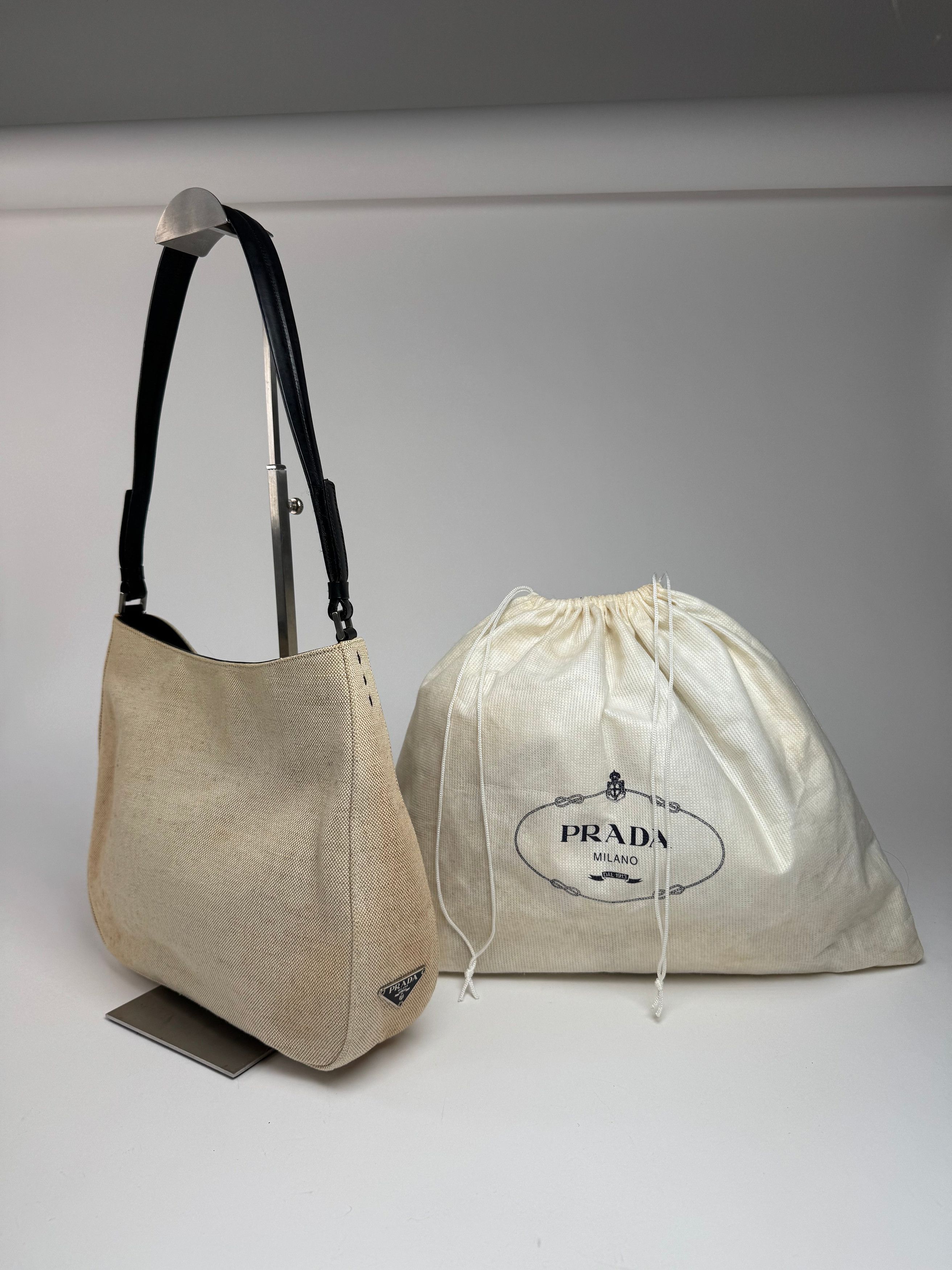 Prada Vintage Cleo Canvas Leather Bag Beige Black Size ONE SIZE - 4 Thumbnail