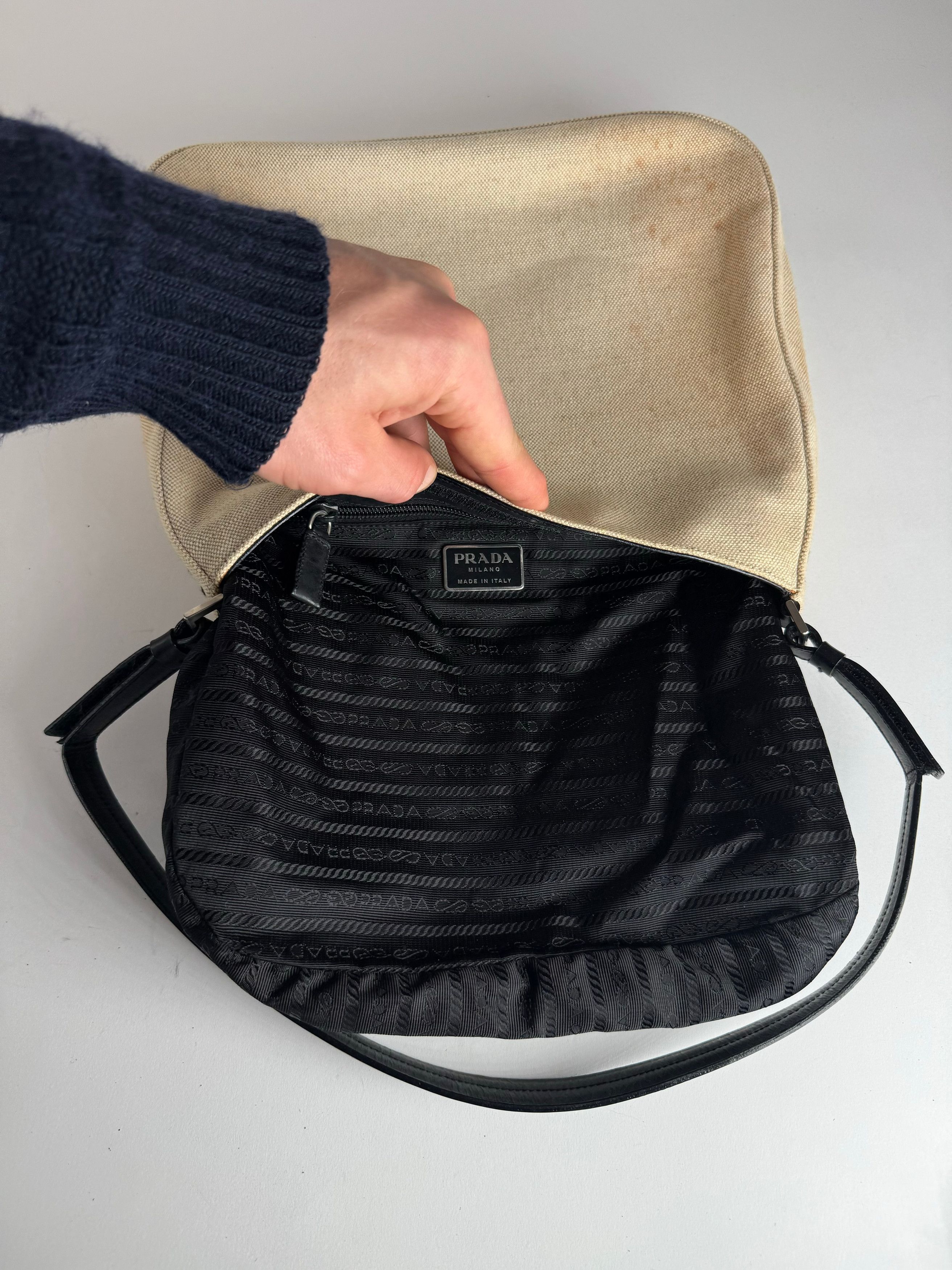 Prada Vintage Cleo Canvas Leather Bag Beige Black Size ONE SIZE - 2 Thumbnail