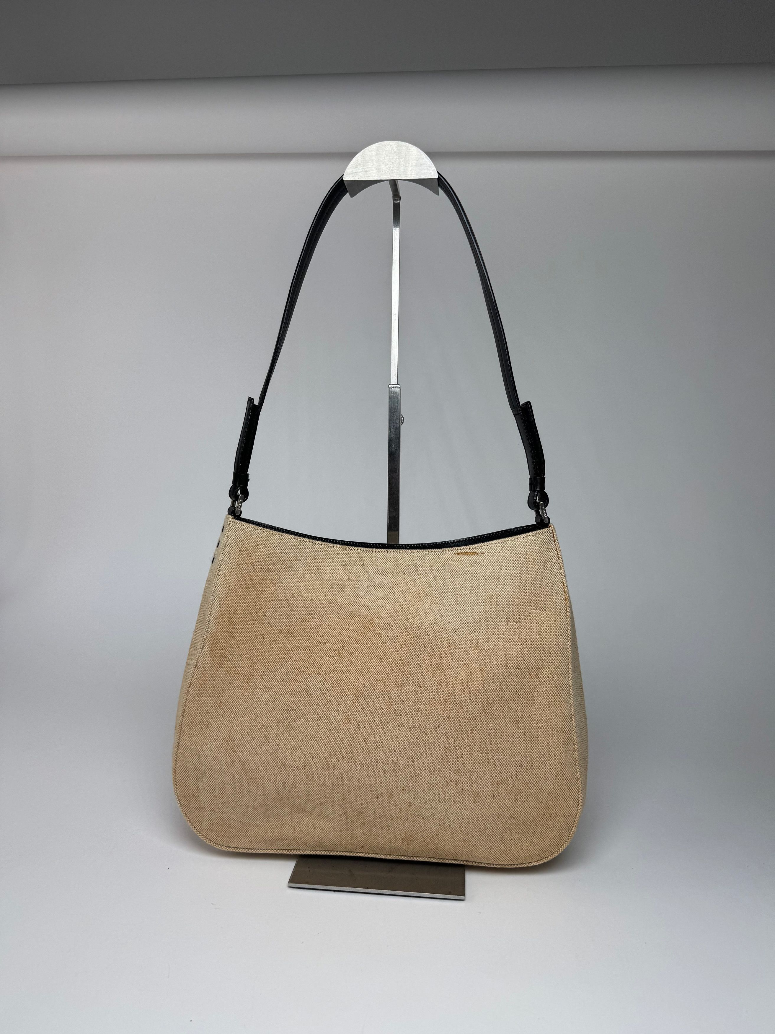 Prada Vintage Cleo Canvas Leather Bag Beige Black Size ONE SIZE - 15 Thumbnail