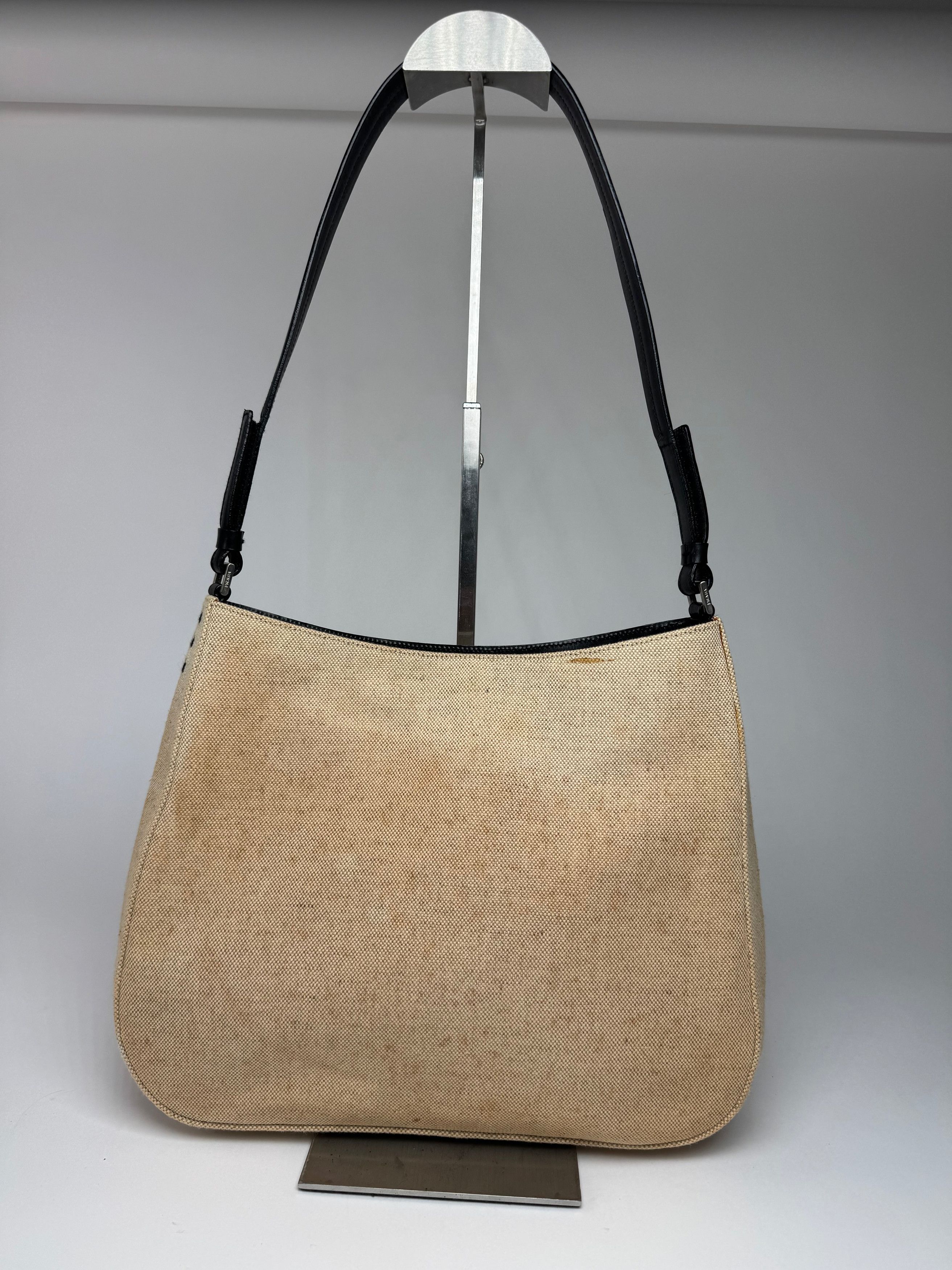 Prada Vintage Cleo Canvas Leather Bag Beige Black Size ONE SIZE - 6 Thumbnail