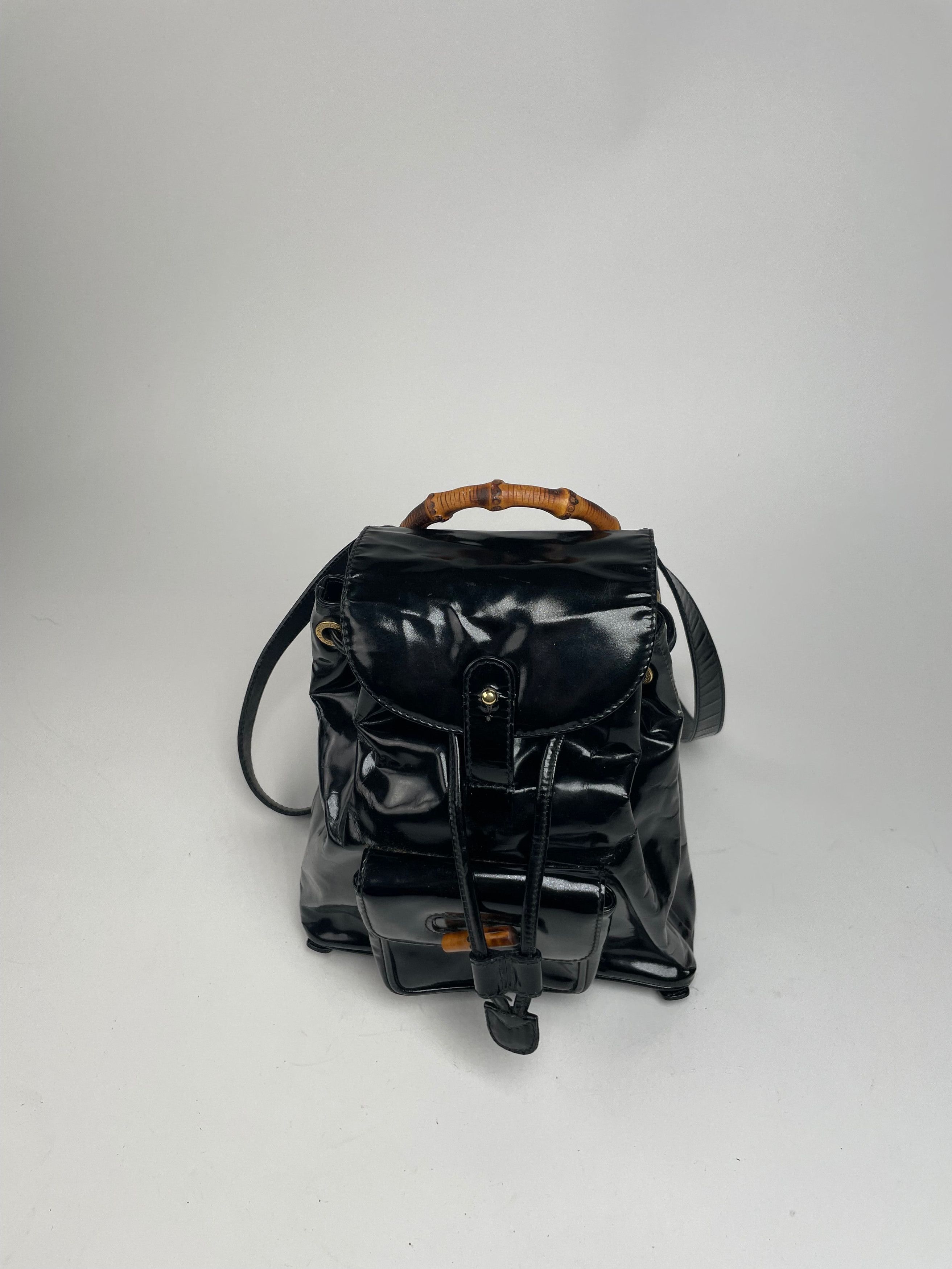 Gucci Vintage Bamboo Patent Leather Bagpack Black Size ONE SIZE - 14 Thumbnail