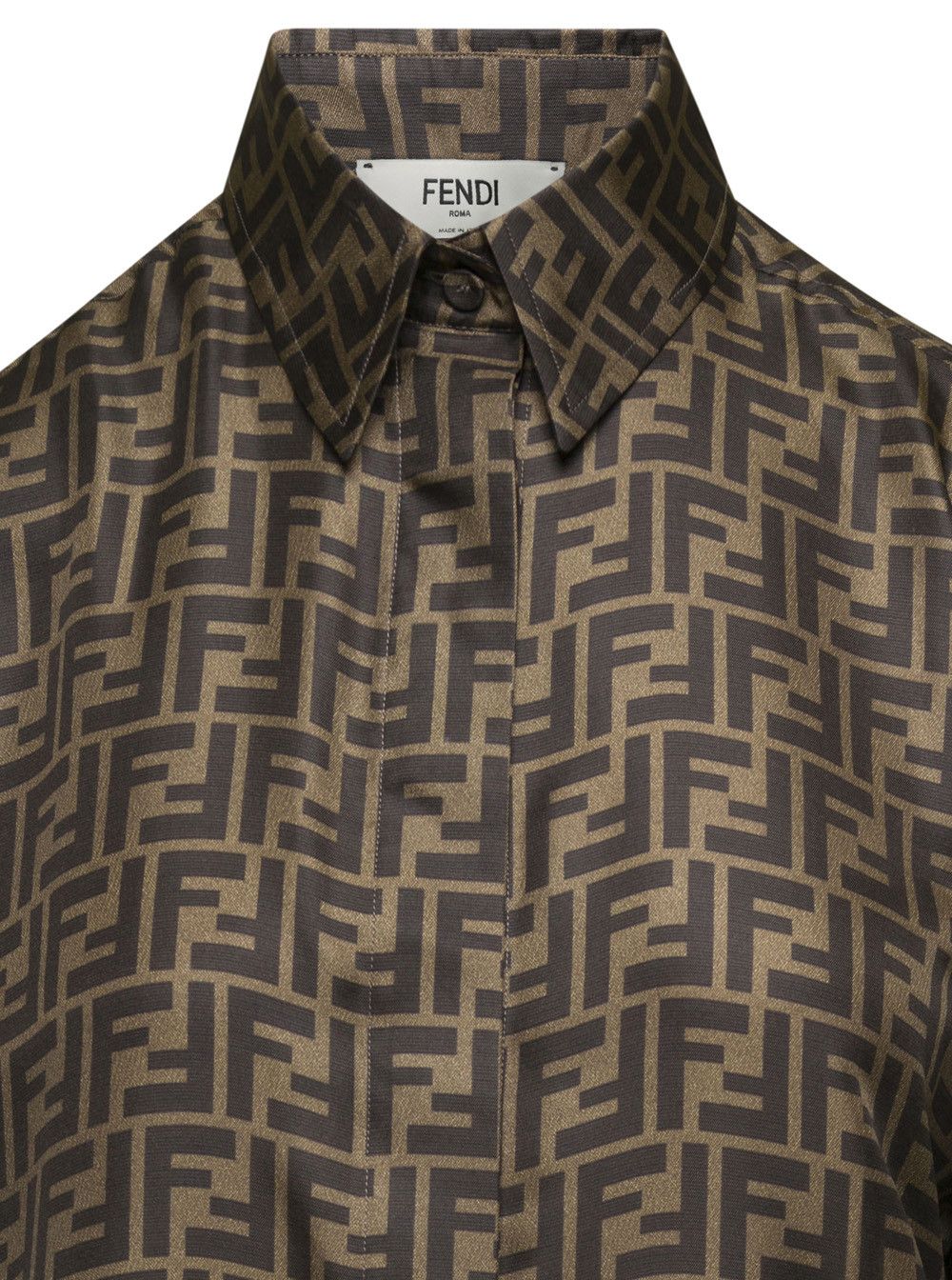 Fendi Brown Shirt with Pointed Collar and All-Over FF Motif in Silk Woman Size M / US 6-8 / IT 42-44 - 3 Thumbnail