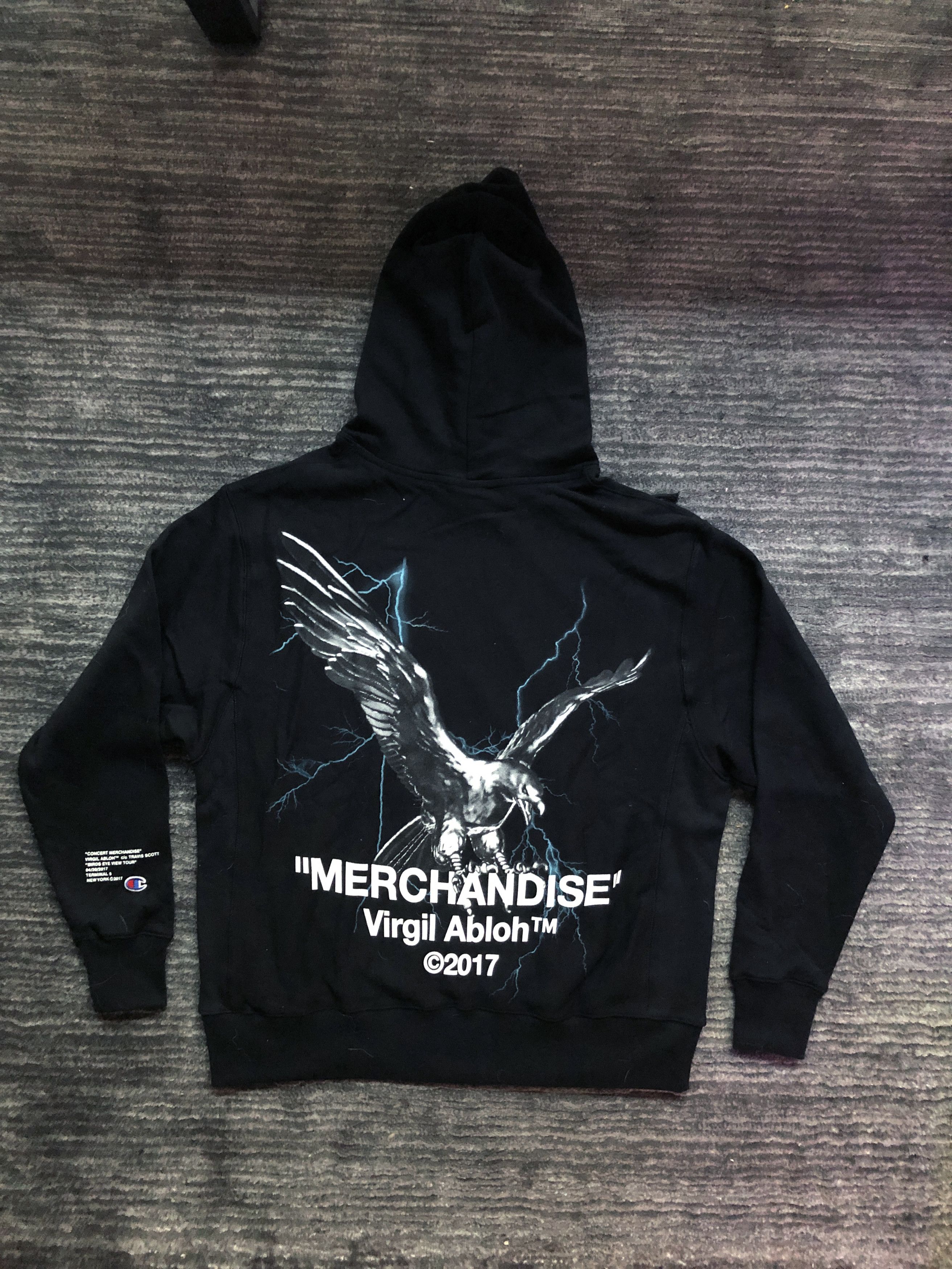 Virgil Abloh Travis Scott Birds Eye View “Merchandise” Champion Hoodie XL  RARE