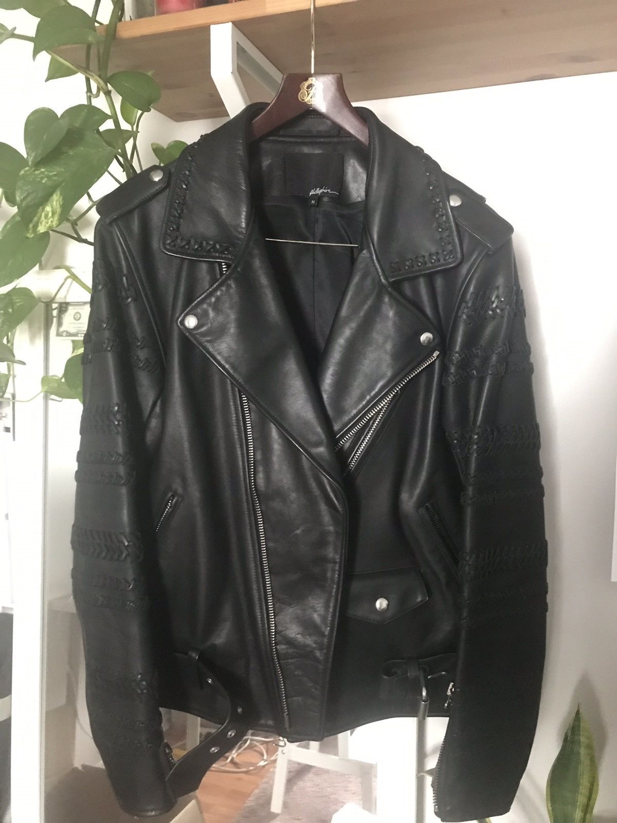 3.1 PHILLIP LIM Black Ruffle Trim Leather Jacket Size 4 NWOT
