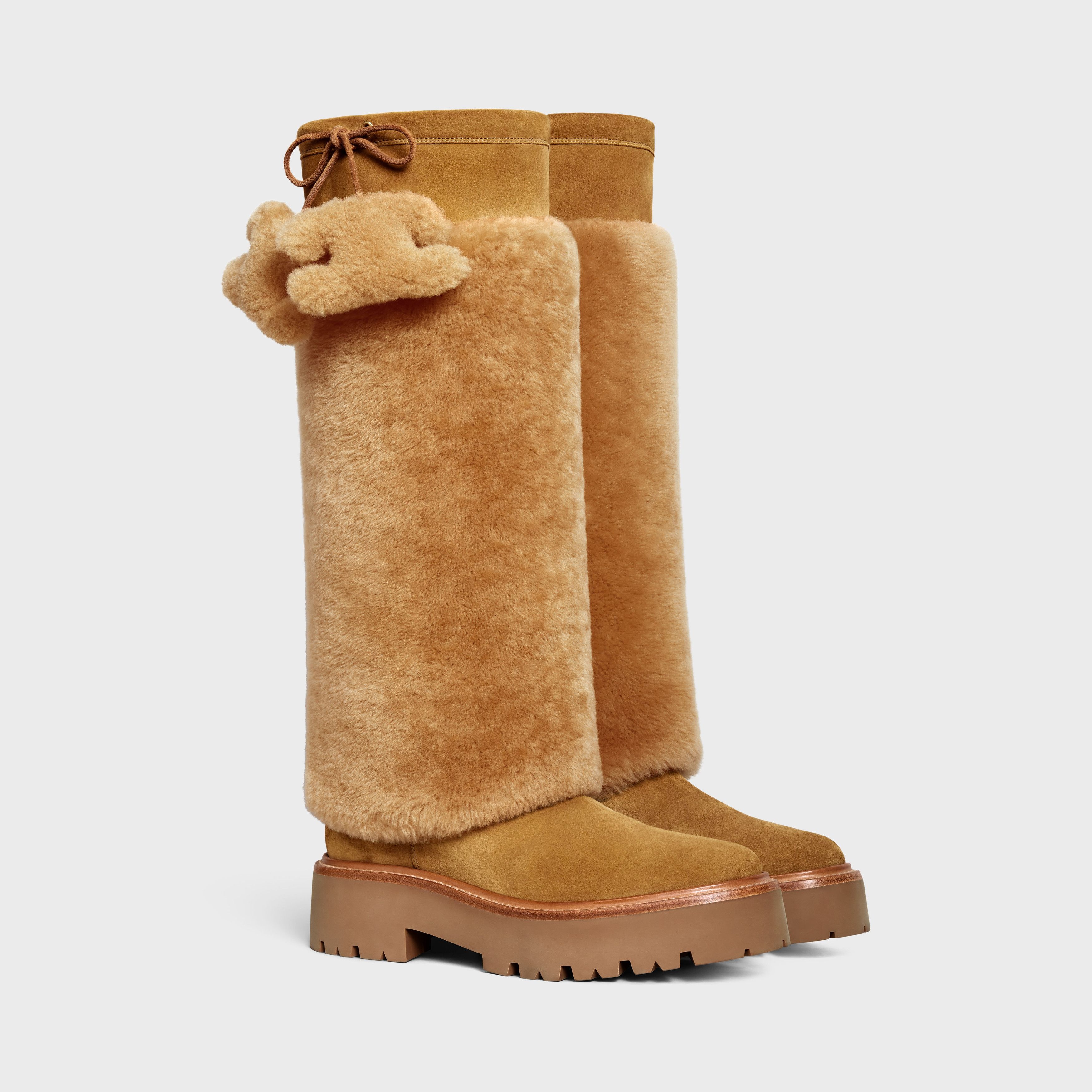 CELINE BULKY HIGH BOOT WITH TRIOMPHE TASSELS in SHEARLING AND SUEDE CALFSKIN