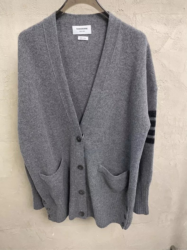 Thom Browne Gray Four-Stripe Cardigan- dmc
