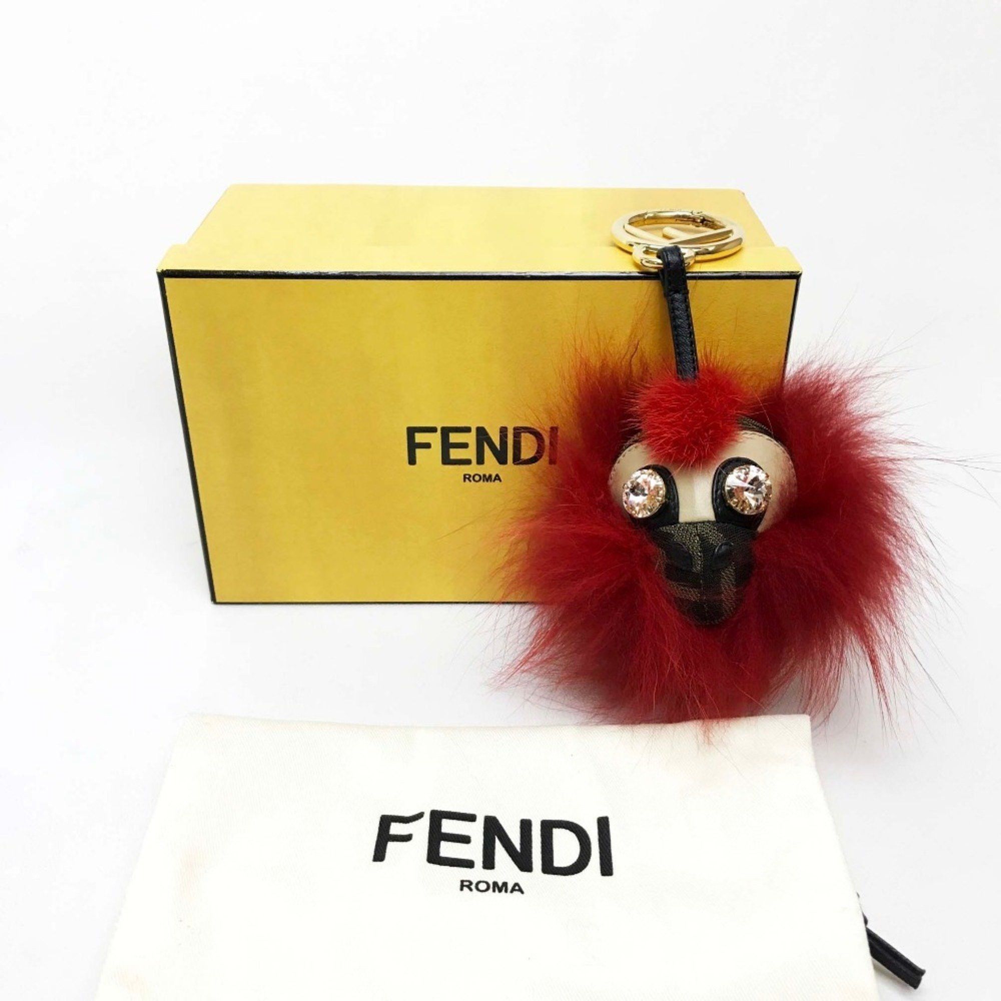 Fendi FENDI Real Fur Monster FF Pattern Key Ring with Beads, Unisex, Red and Brown Size ONE SIZE - 6 Thumbnail