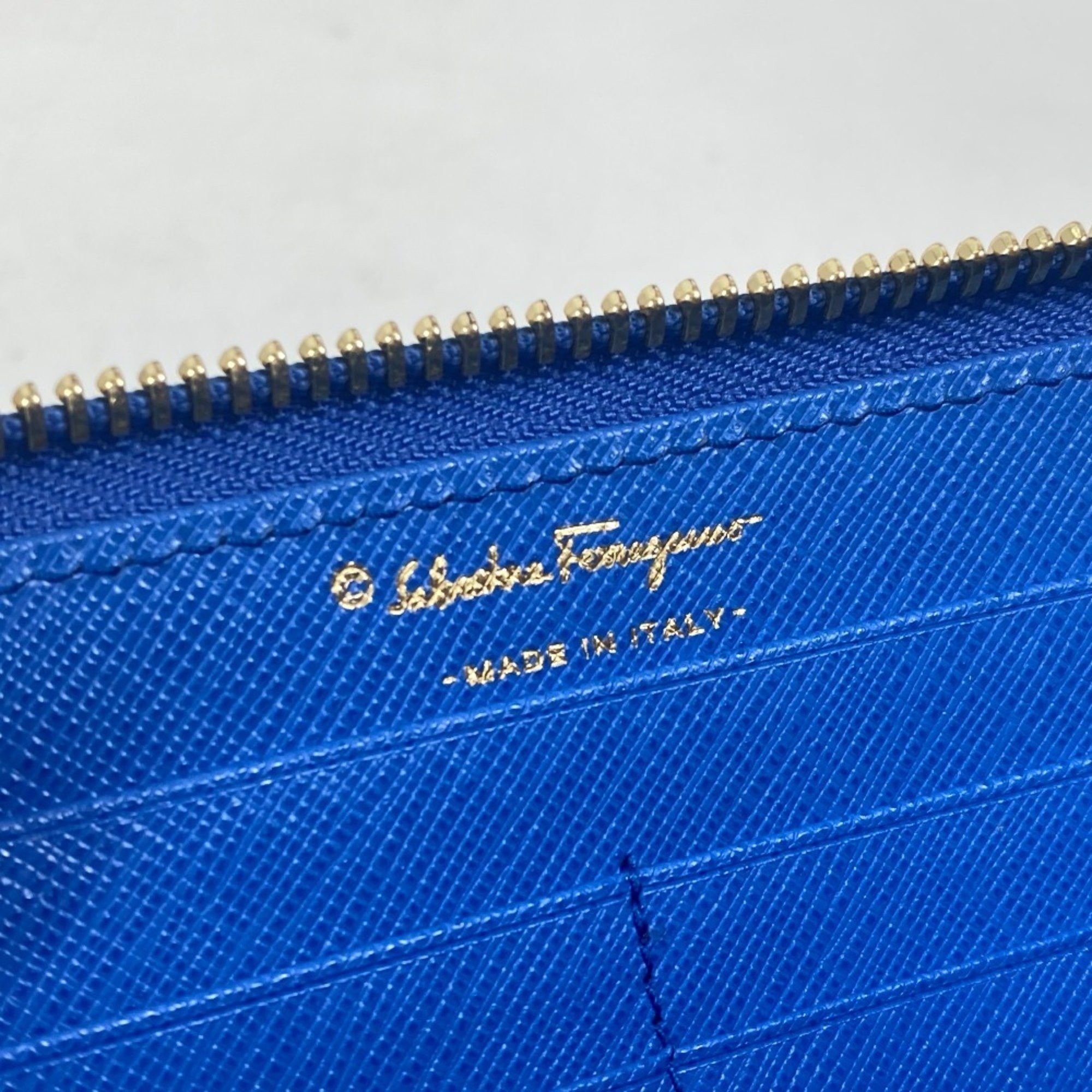 Salvatore Ferragamo 22-C124 Vara Ribbon L-shaped Zipper Long Wallet, Leather, Women's, Blue