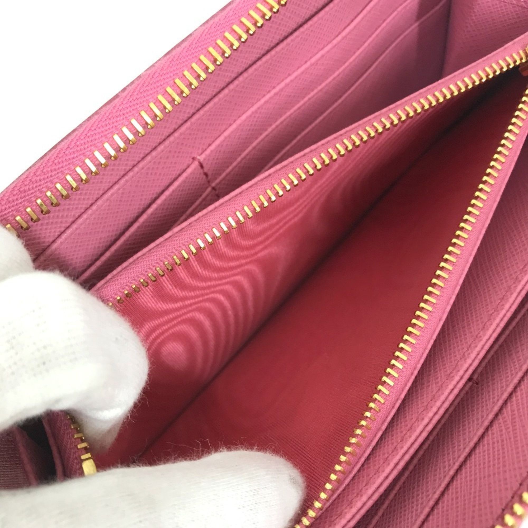 Prada PRADA 1ML506 Logo Saffiano Shine Round Zip Long Wallet in Leather, Women's, BEGONIA Pink Size ONE SIZE - 14 Thumbnail