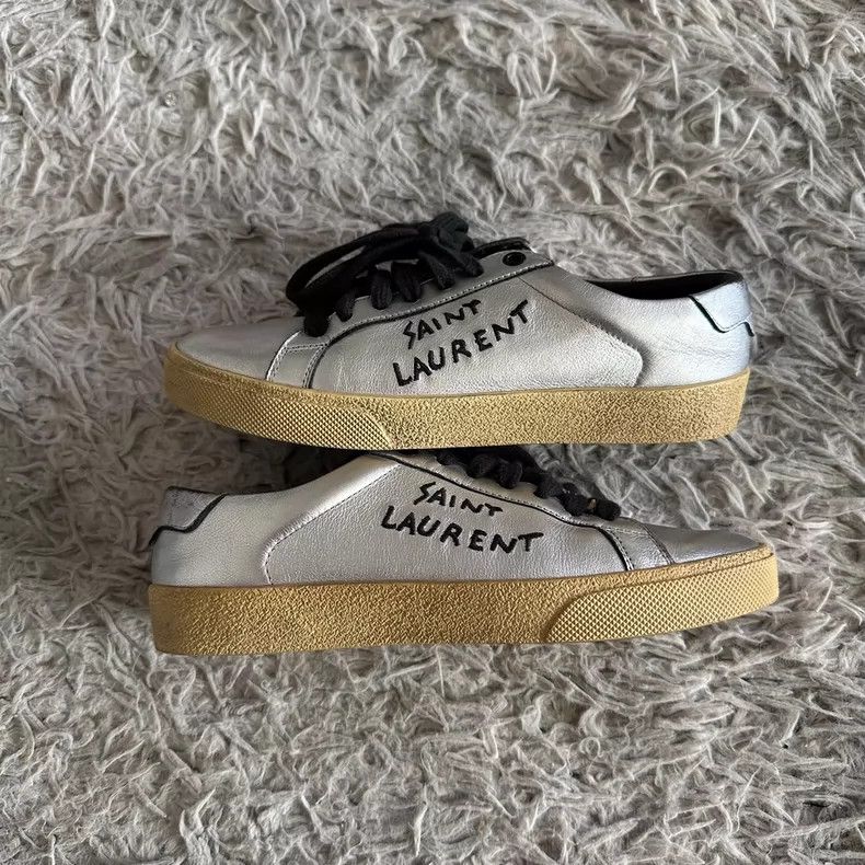 Saint Laurent Paris Saint Laurent Silver Leather Low-Top Sneakers - dmc Size US 5 / EU 37 - 2 Thumbnail