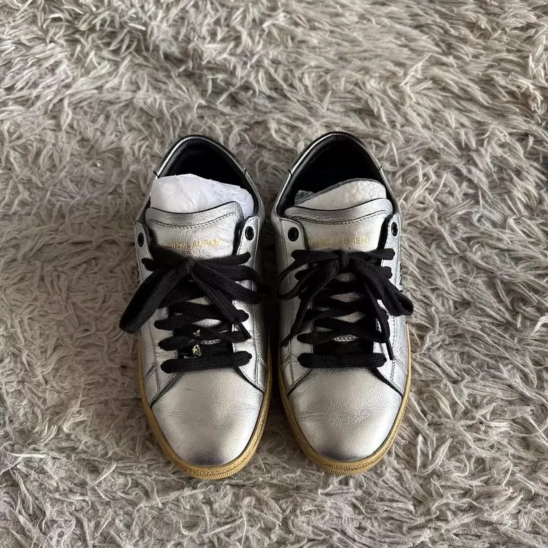 Saint Laurent Paris Saint Laurent Silver Leather Low-Top Sneakers - dmc Size US 5 / EU 37 - 4 Thumbnail
