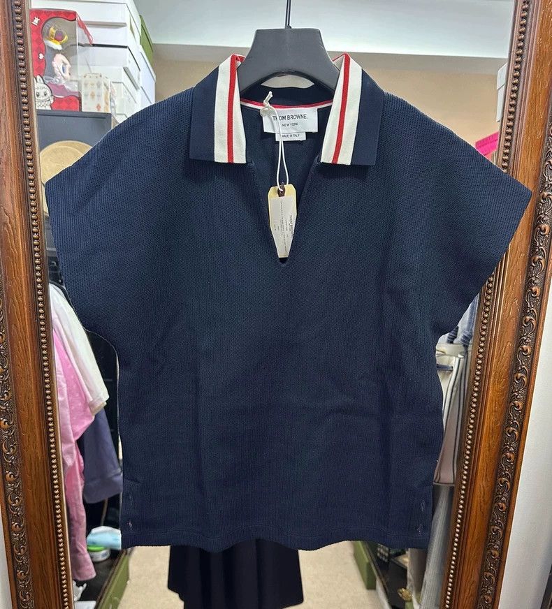 Thom Browne THOM BROWNE Stripe Collar V-Neck Polo - dmc Size US M / EU 48-50 / 2 - 2 Thumbnail
