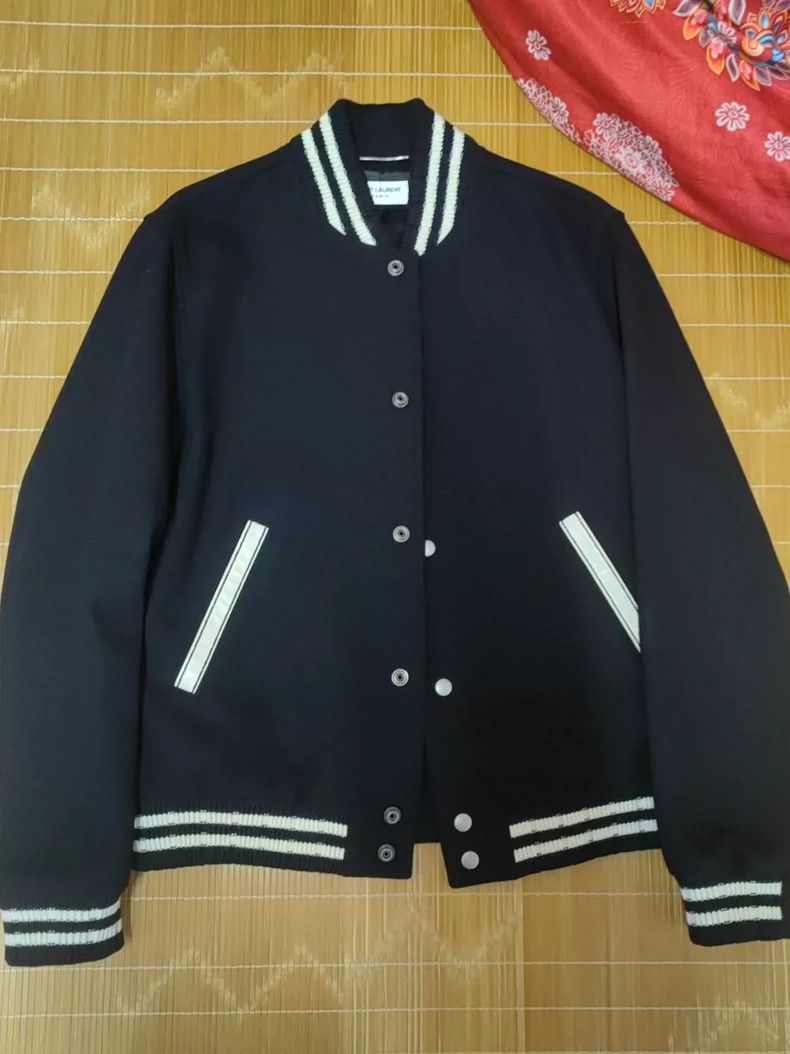 Saint Laurent Paris YSL Black Varsity Jacket with Stripes Size US M / EU 48-50 / 2 - 8 Thumbnail
