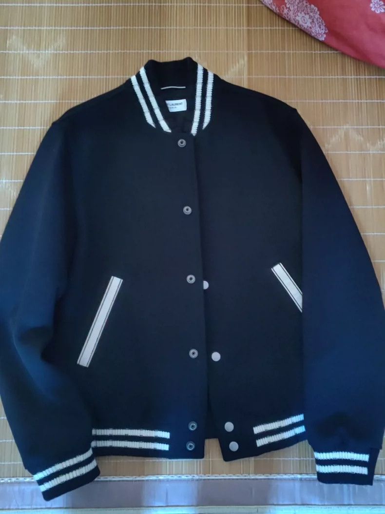 Saint Laurent Paris YSL Black Varsity Jacket with Stripes Size US M / EU 48-50 / 2 - 9 Thumbnail
