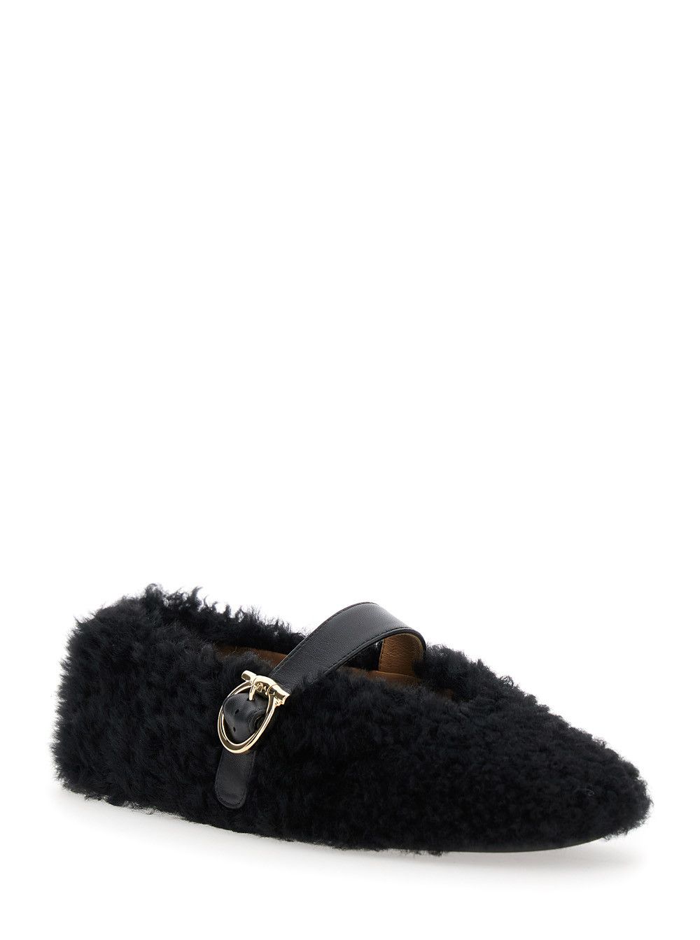 Salvatore Ferragamo Black Ballerinas with Shearling Design and Buckle in Leather Woman Size US 10.5 / IT 40.5 - 2 Thumbnail