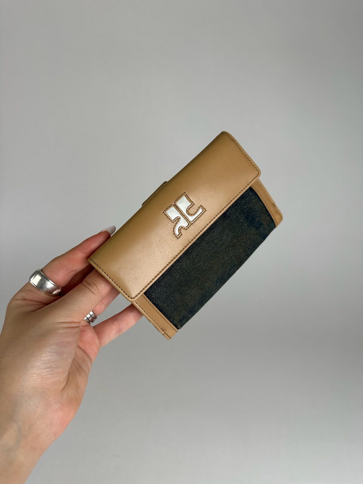 Courreges Vintage Leather Denim Wallet brown navy Size ONE SIZE - 9 Thumbnail