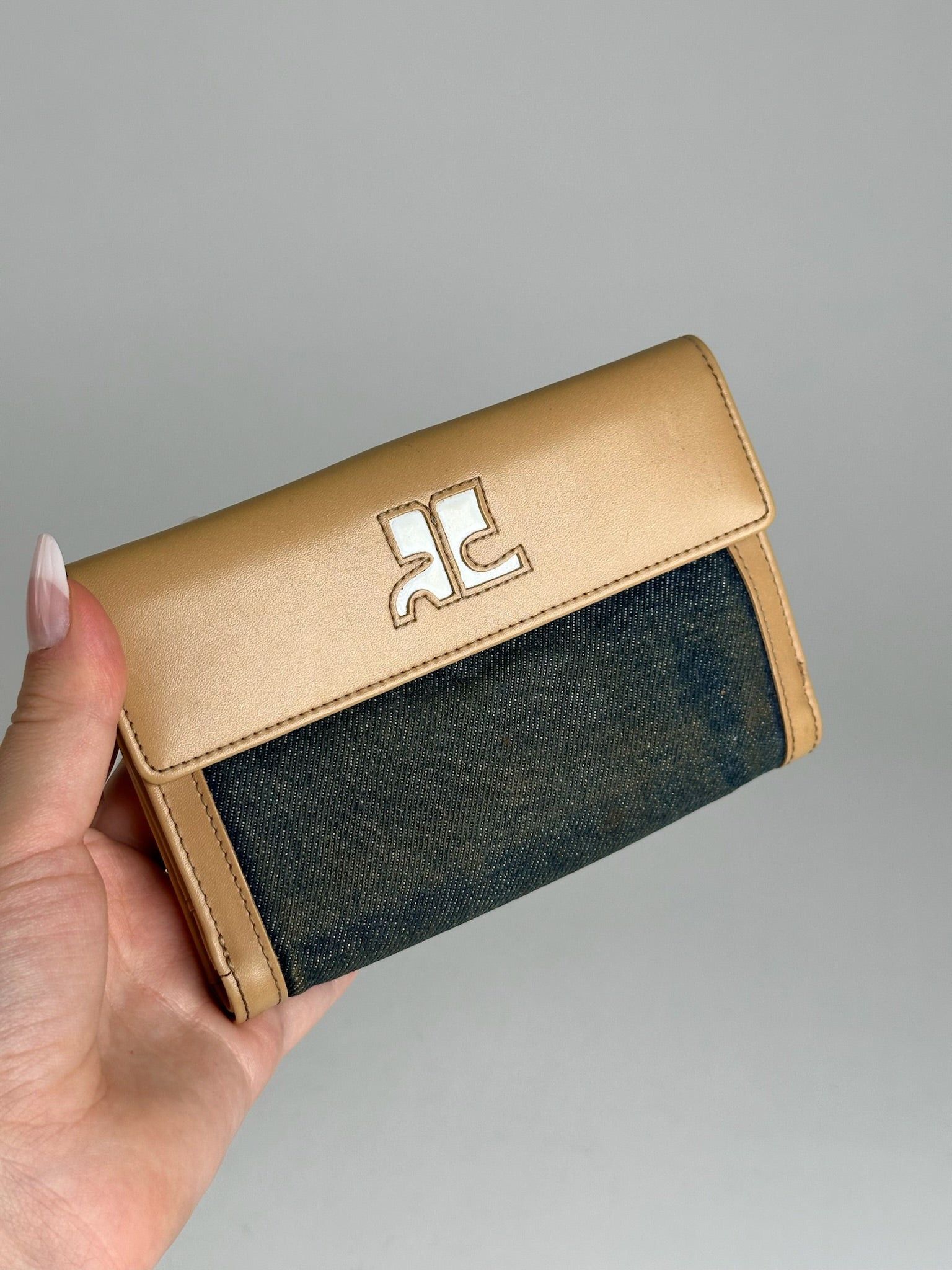 Courreges Vintage Leather Denim Wallet brown navy Size ONE SIZE - 12 Thumbnail
