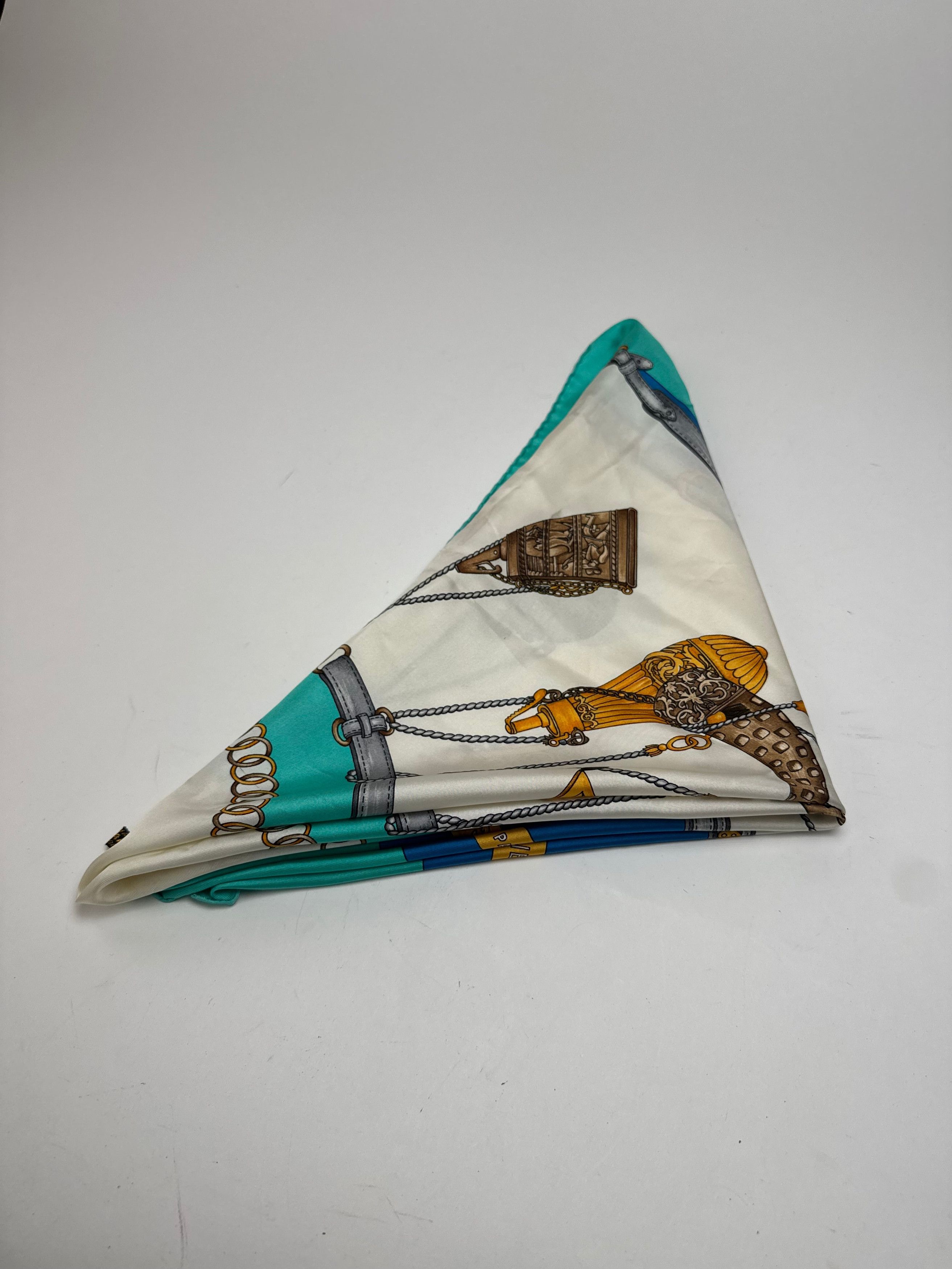 Celine Vintage Silk Scarf Turquoise Blue white Size ONE SIZE - 12 Thumbnail