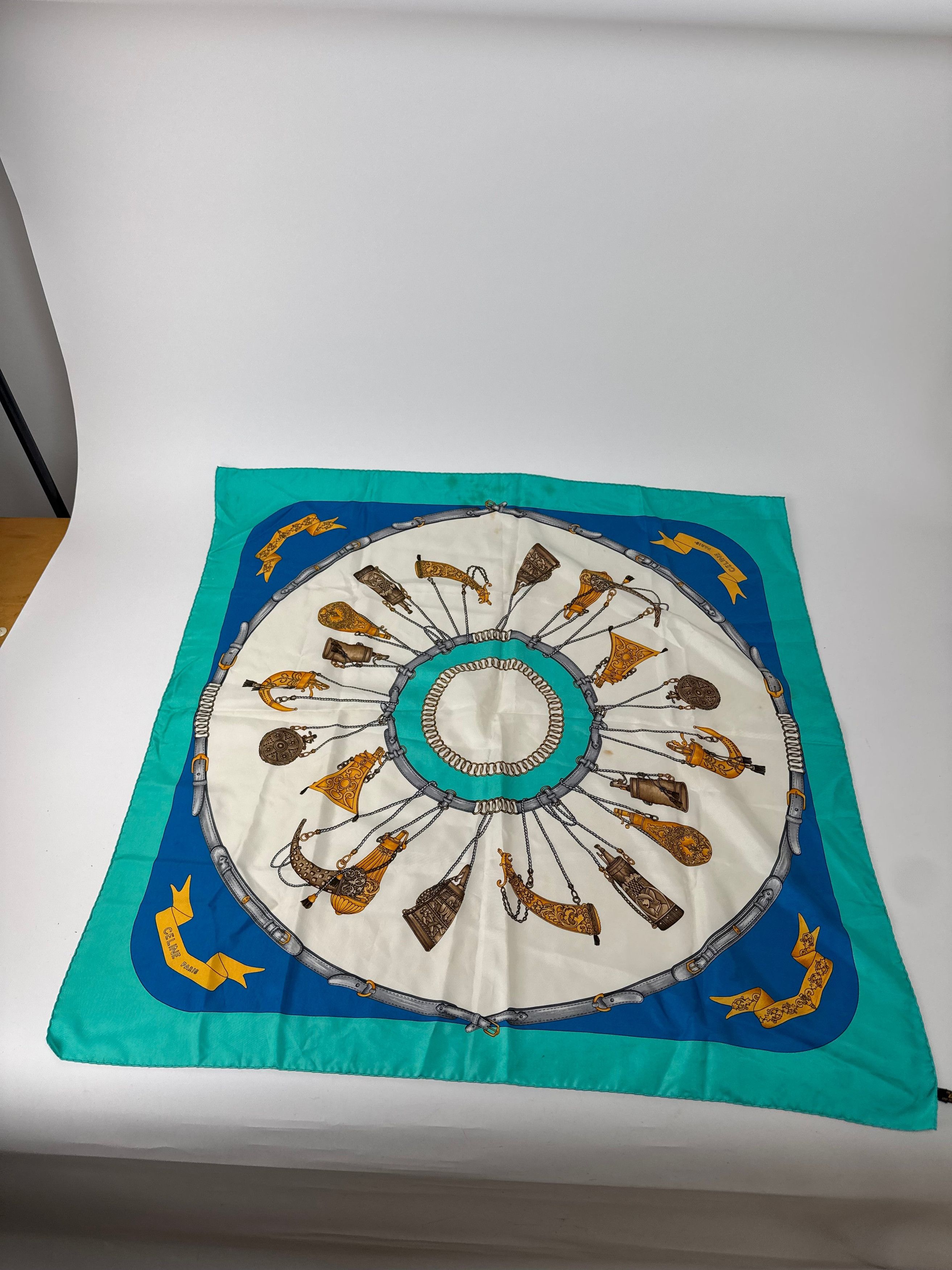 Celine Vintage Silk Scarf Turquoise Blue white Size ONE SIZE - 13 Thumbnail