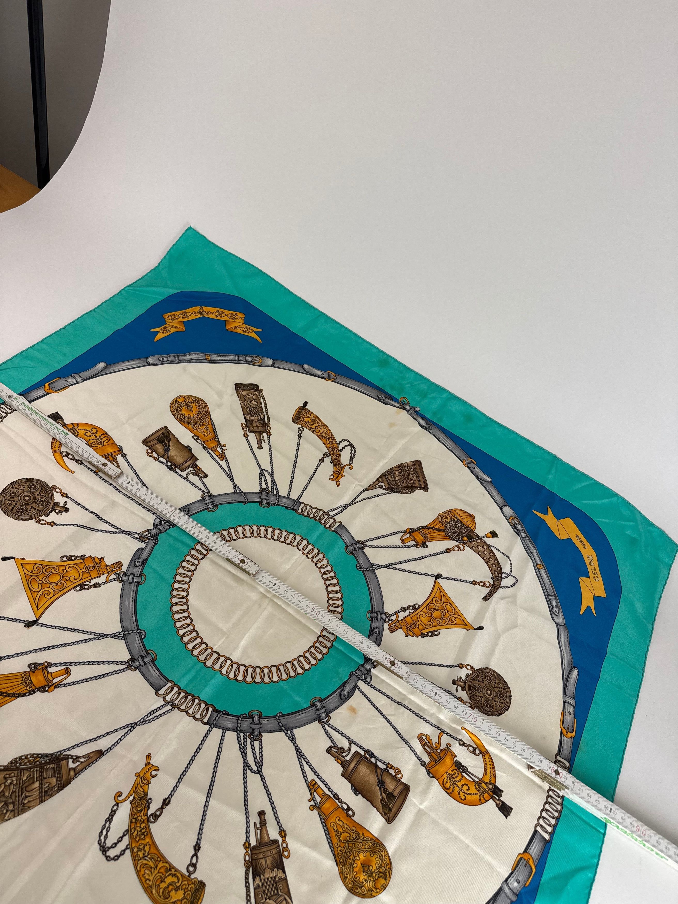 Celine Vintage Silk Scarf Turquoise Blue white Size ONE SIZE - 9 Thumbnail
