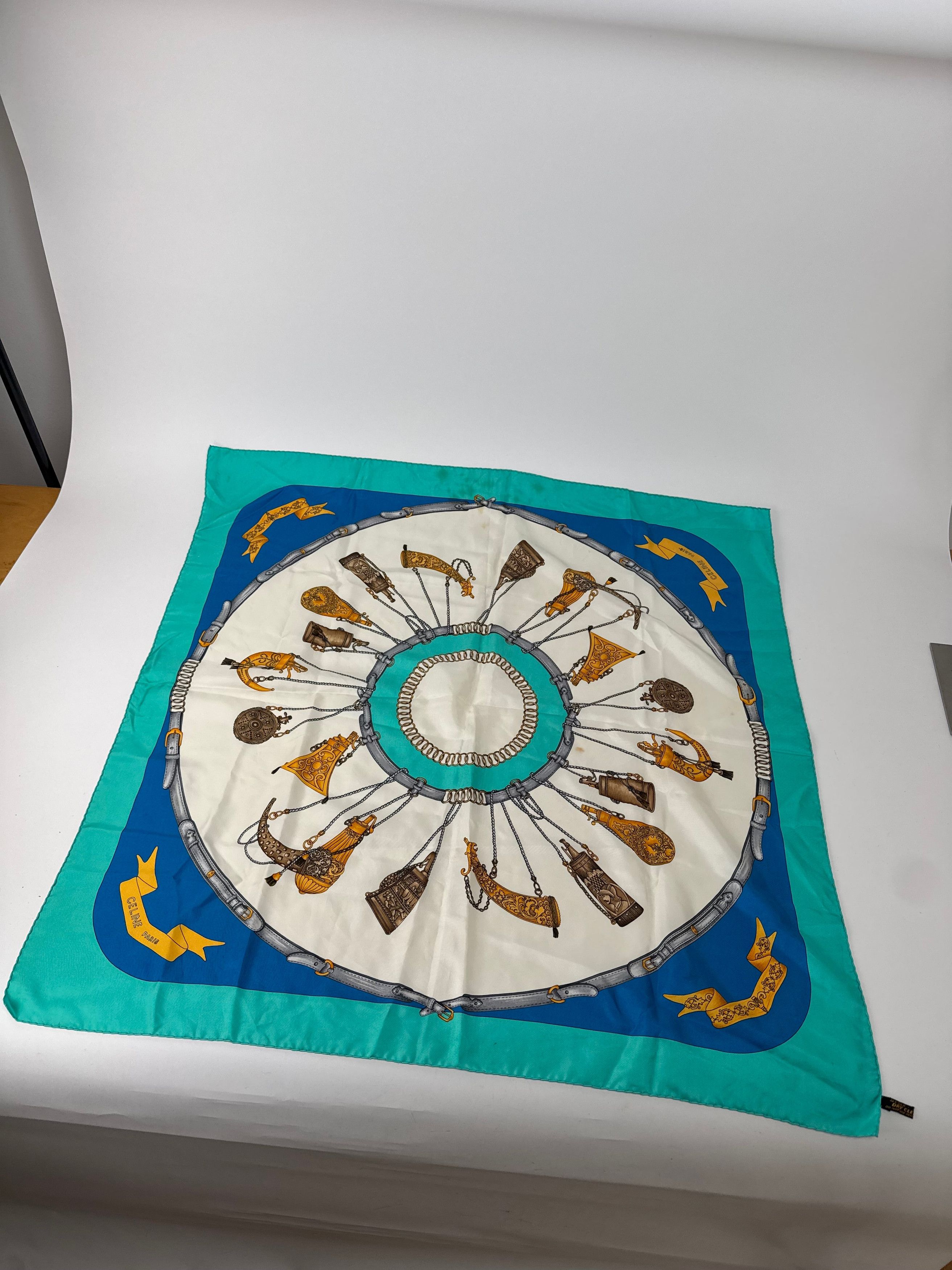Celine Vintage Silk Scarf Turquoise Blue white Size ONE SIZE - 7 Thumbnail