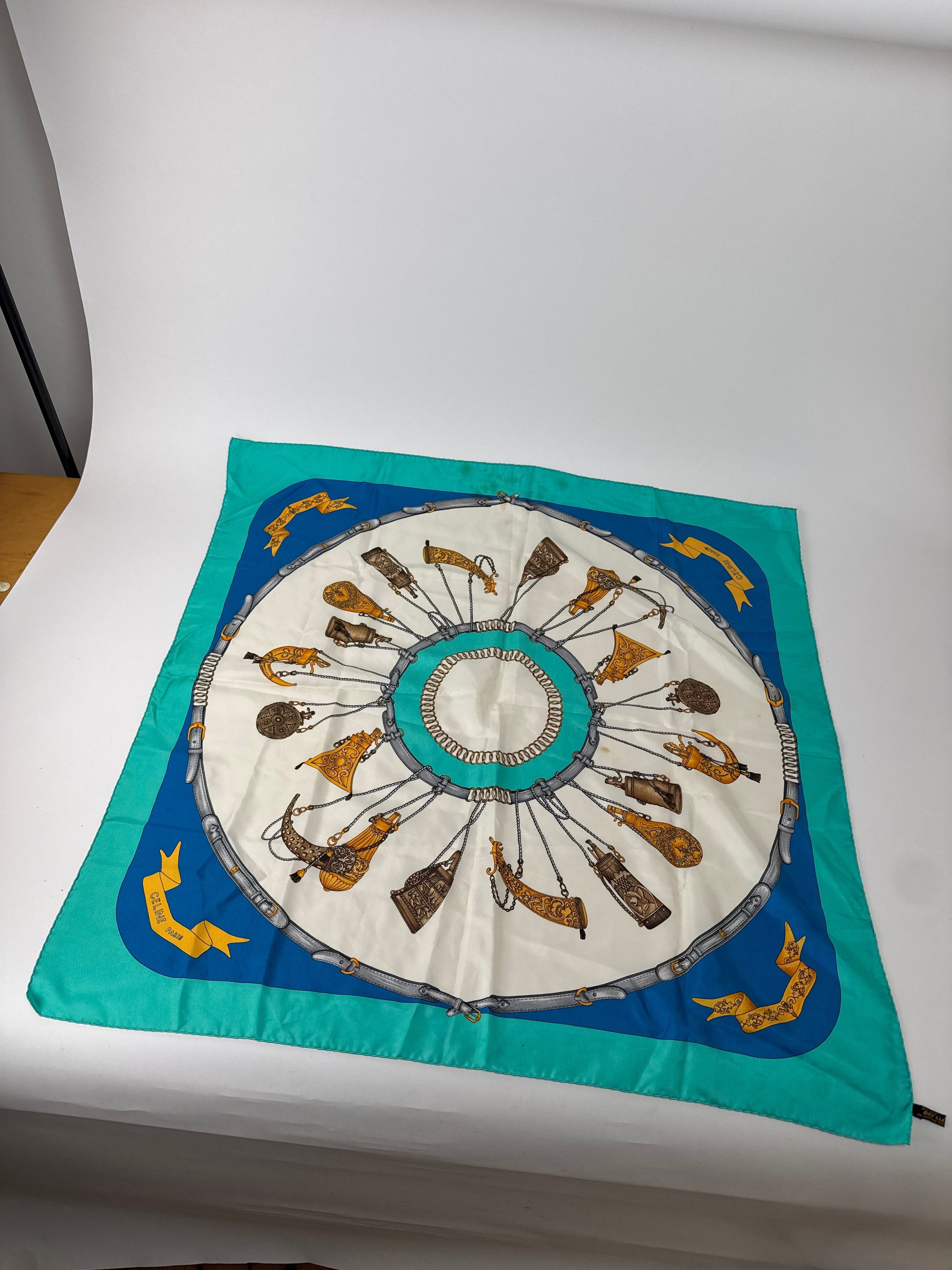 Celine Vintage Silk Scarf Turquoise Blue white Size ONE SIZE - 2 Thumbnail