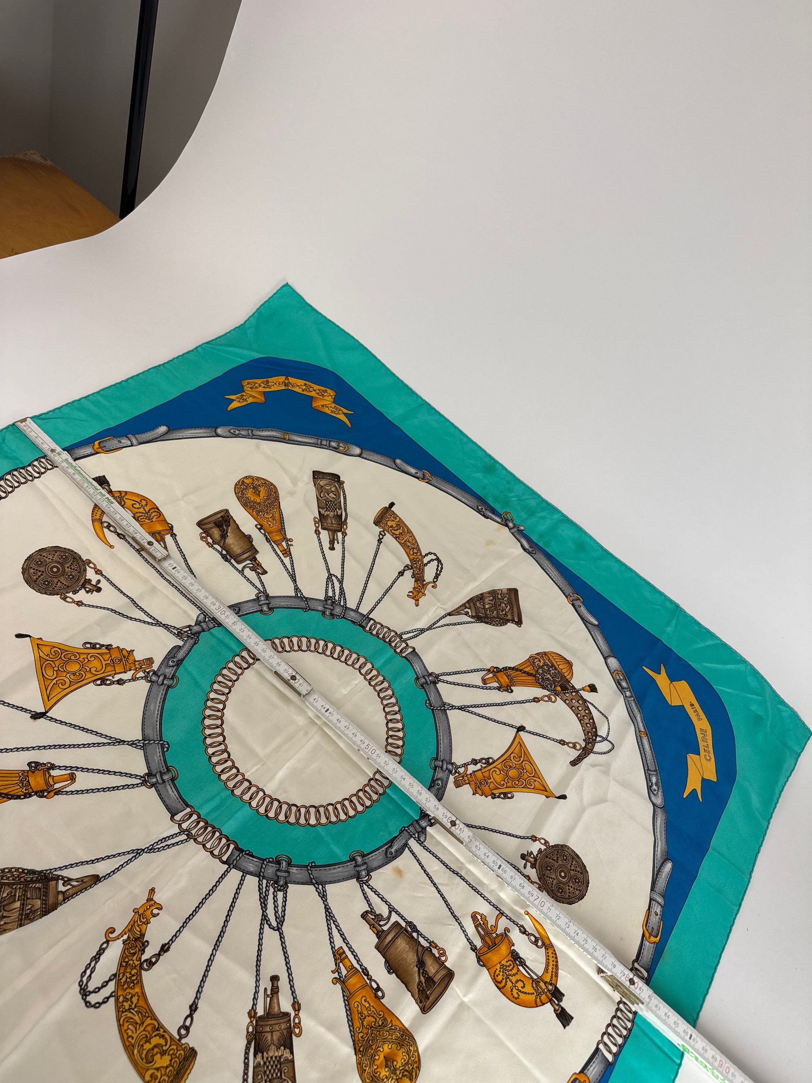 Celine Vintage Silk Scarf Turquoise Blue white Size ONE SIZE - 14 Thumbnail