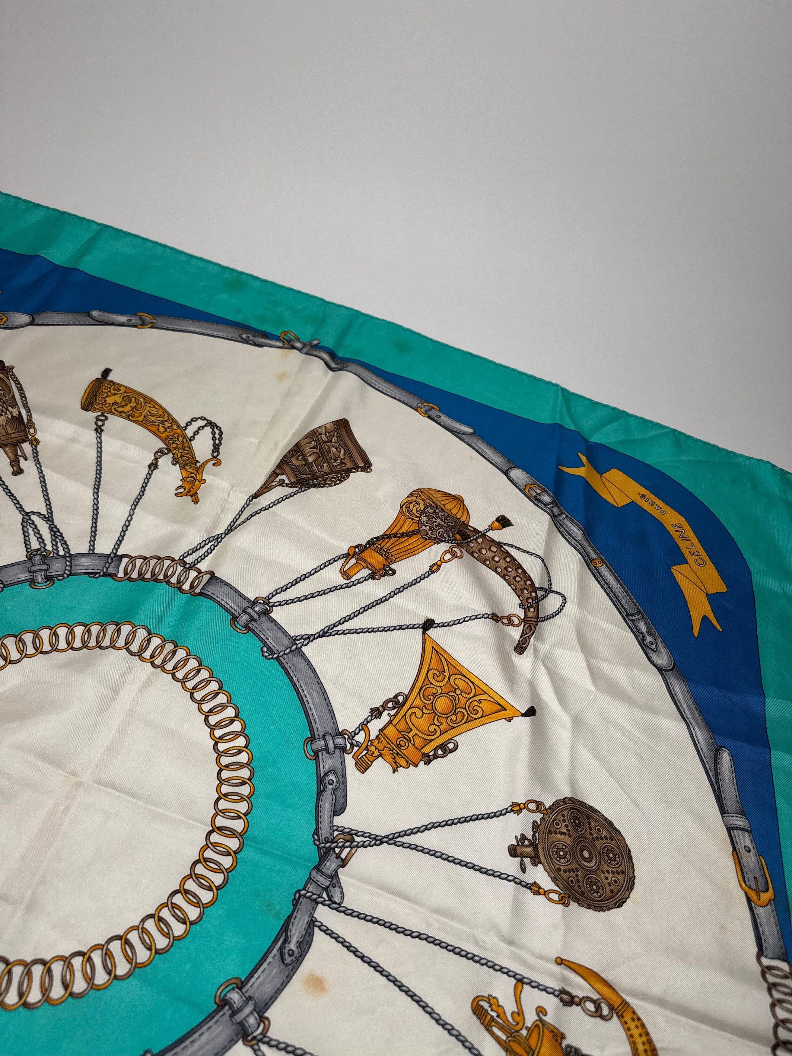 Celine Vintage Silk Scarf Turquoise Blue white Size ONE SIZE - 8 Thumbnail