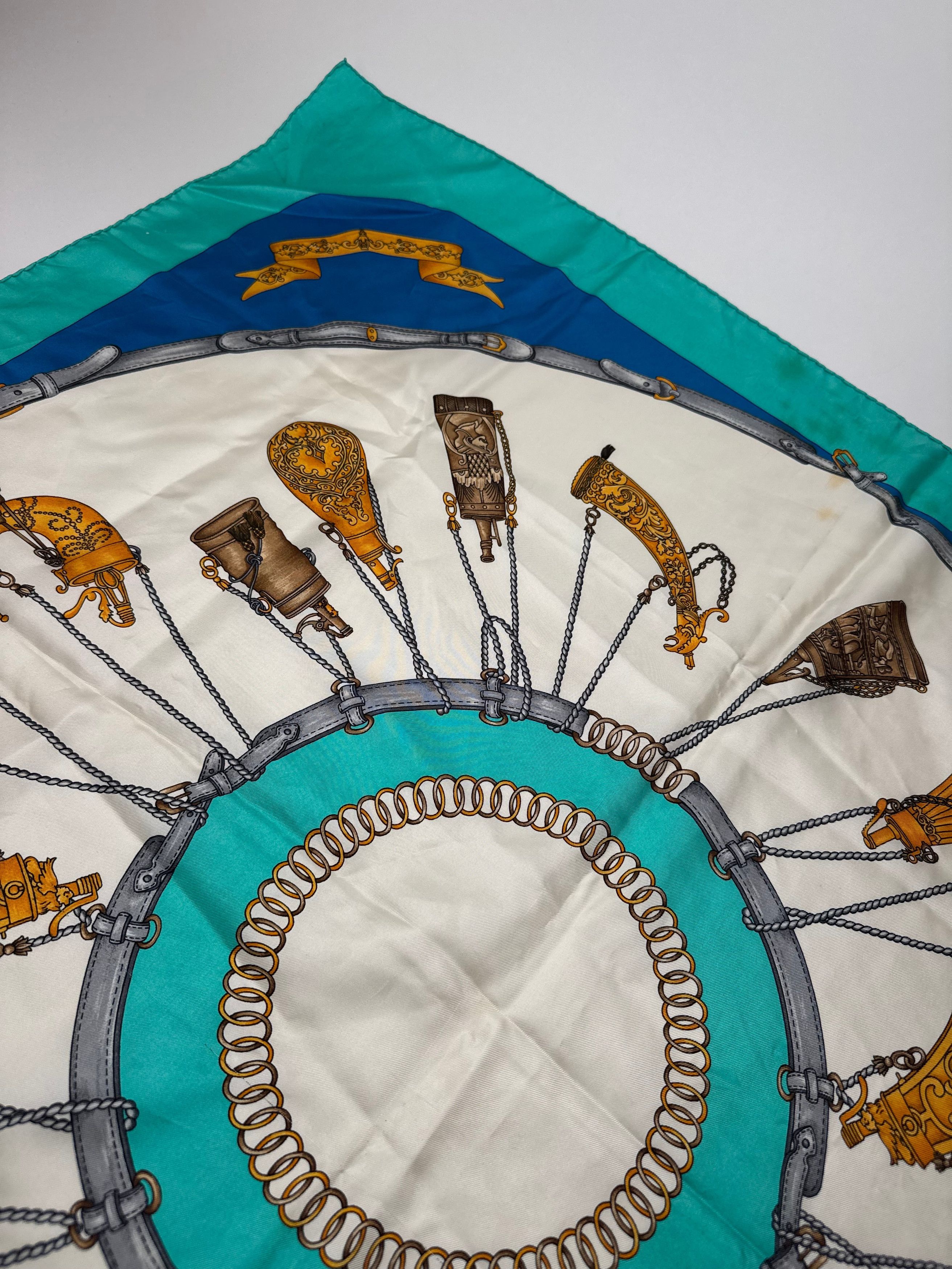 Celine Vintage Silk Scarf Turquoise Blue white Size ONE SIZE - 6 Thumbnail